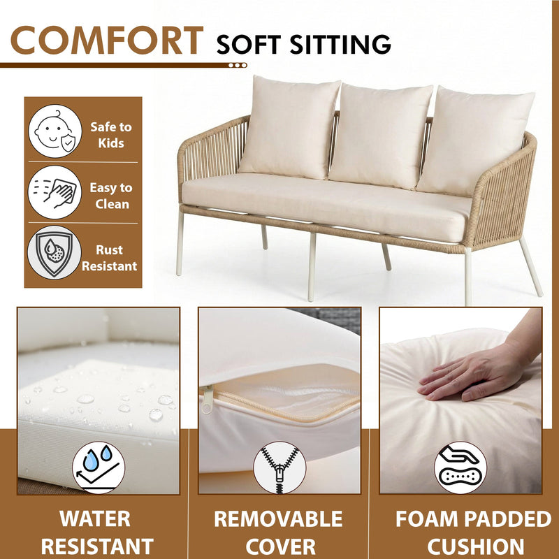 Rumi Outdoor Garden Balcony Sofa Set 3 Seater , 2 Single Seater 1 Center Table Set (White-Beige) Braided and Rope