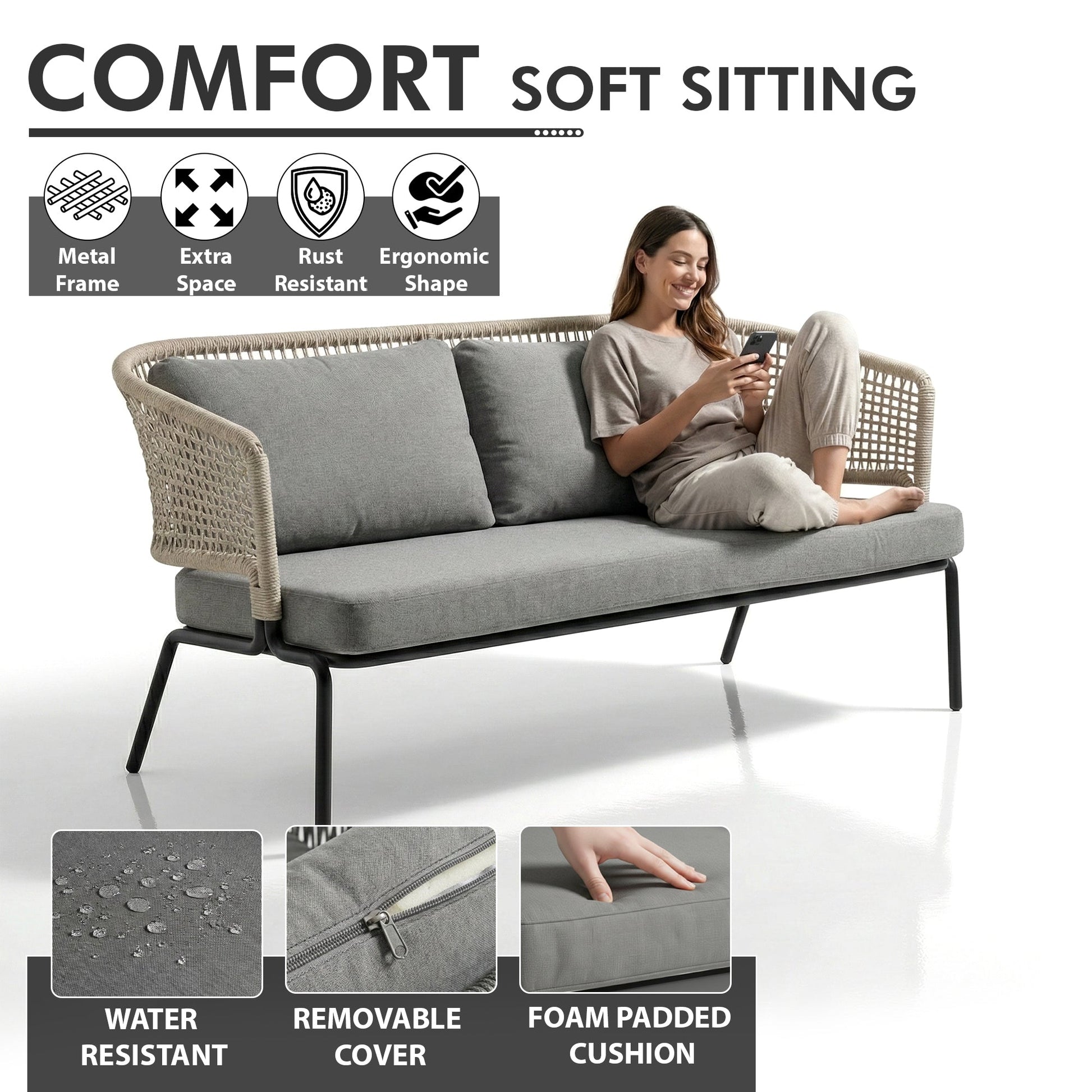 perola Outdoor Garden Balcony Sofa Set 2 Seater , 2 Single Seater 1 Center Table Set (Grey-Beige) Braided and Rope