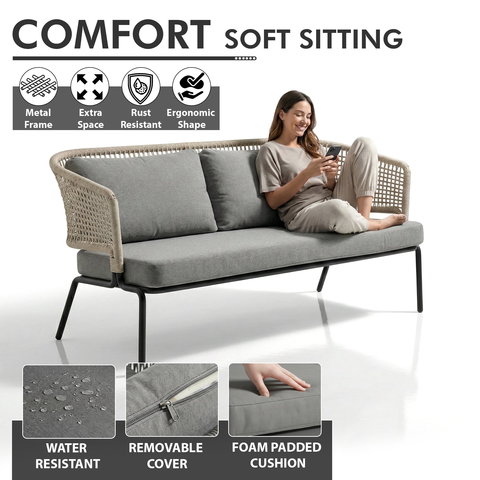 perola Outdoor Garden Balcony Sofa Set 2 Seater , 2 Single Seater 1 Center Table Set (Grey-Beige) Braided and Rope