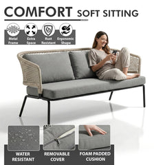 perola Outdoor Garden Balcony Sofa Set 2 Seater , 2 Single Seater 1 Center Table Set (Grey-Beige) Braided and Rope