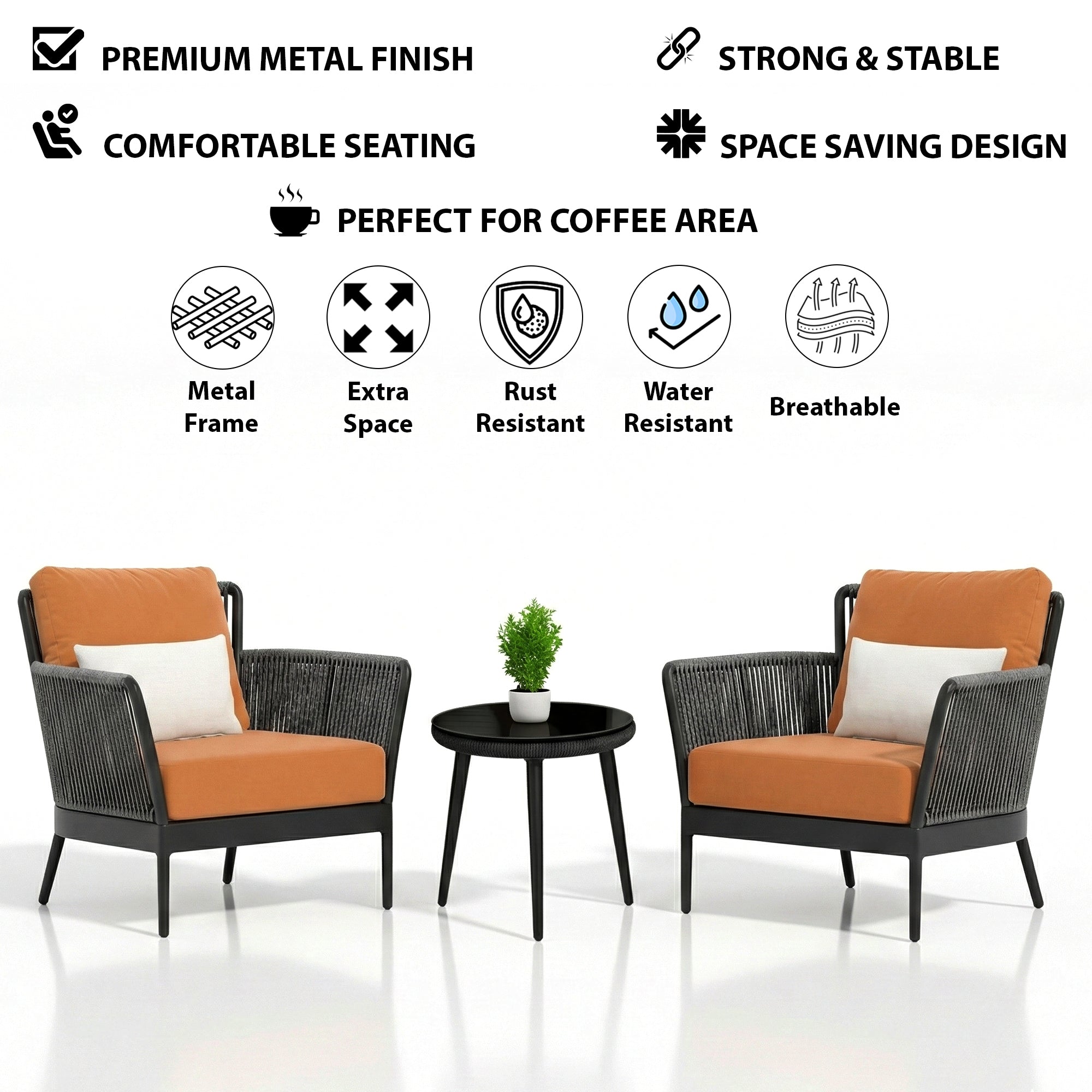 Tito Outdoor Patio Seating Set 2 Chairs and 1 Table Set (Grey) Braided & Rope