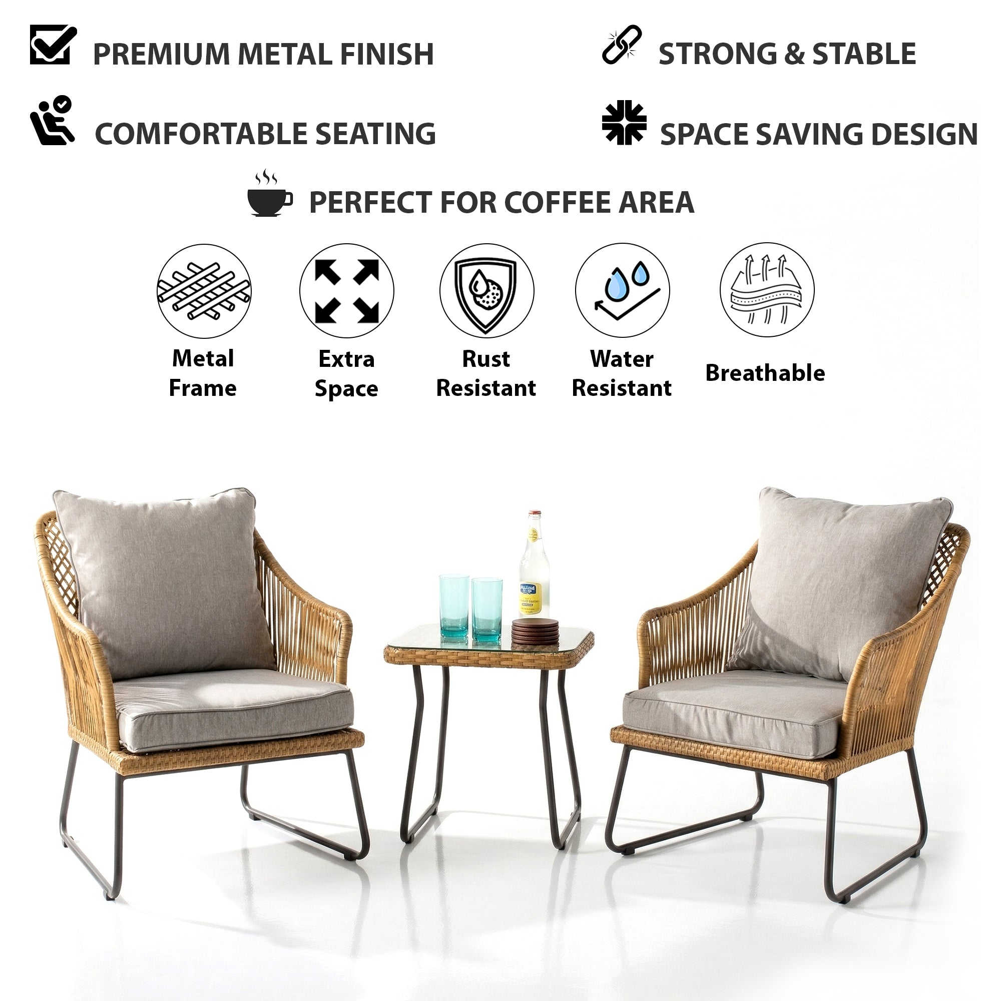 Minto Outdoor Patio Seating Set 2 Chairs and 1 table Set (Tan)