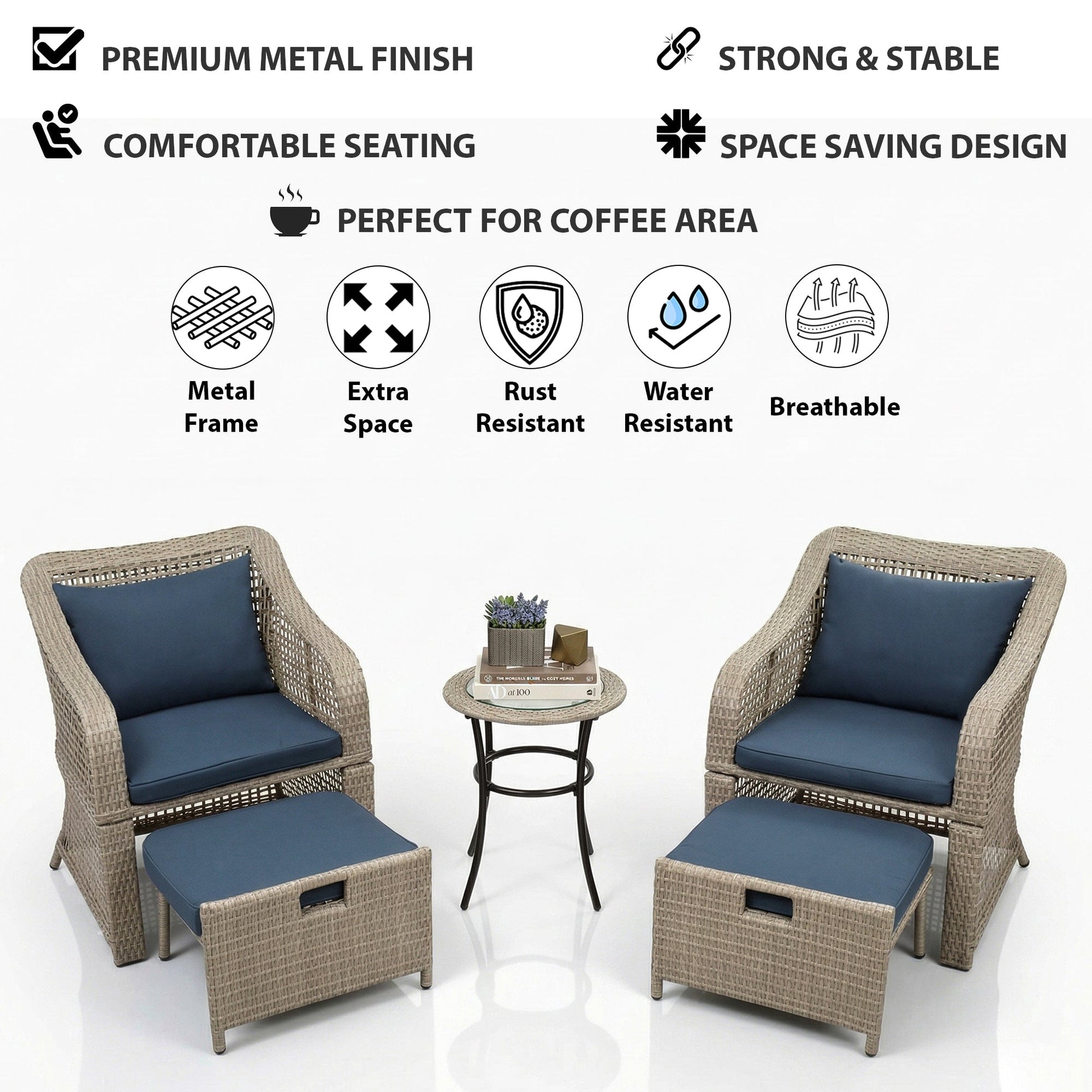 Chou OUTDOOR PATIO SEATING SET 2 CHAIRS 2 OTTOMAN AND TABLE SET (BROWN)