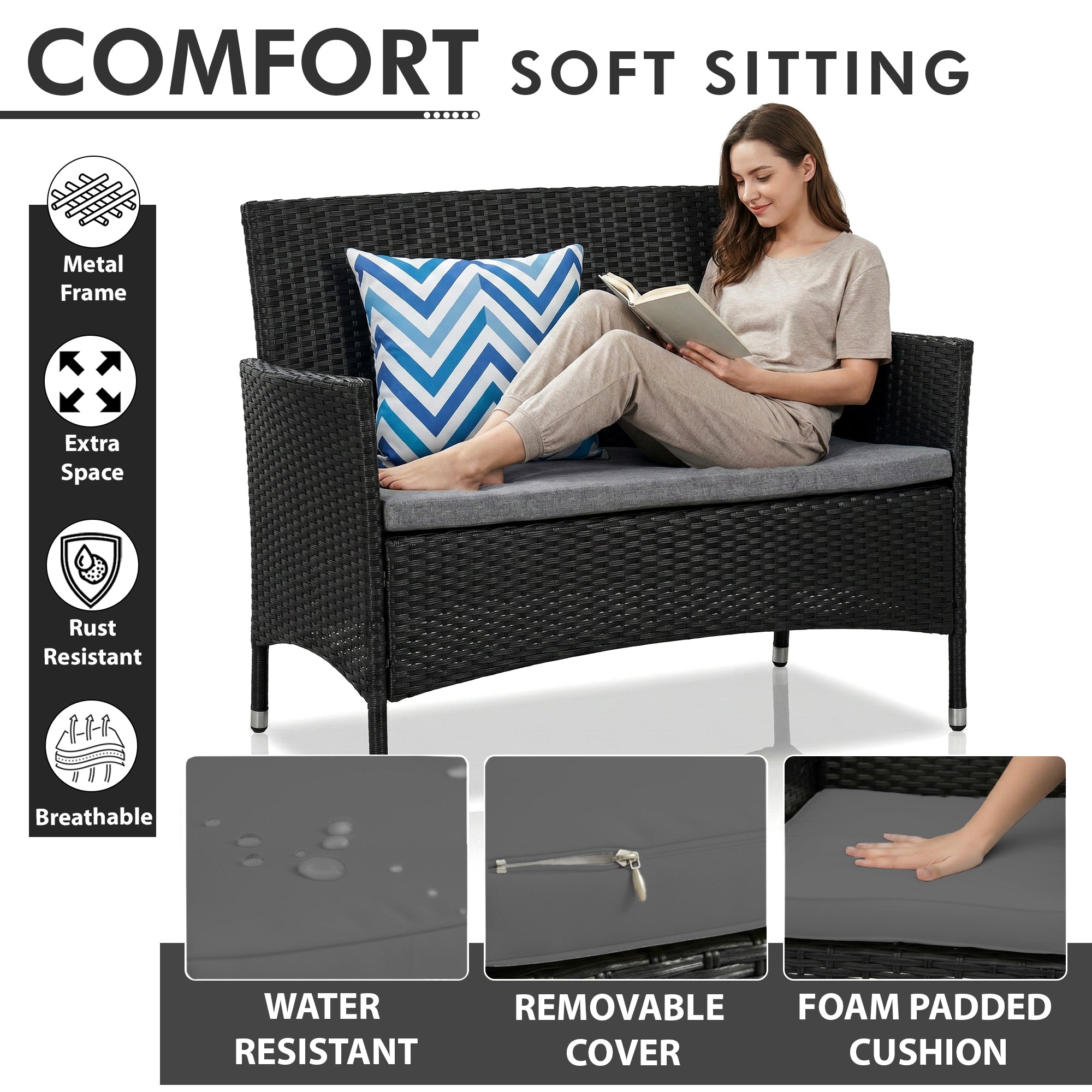 Elix Outdoor Sofa Set 2 Seater , 2 Single seater and 1 Center Table Set (Black)