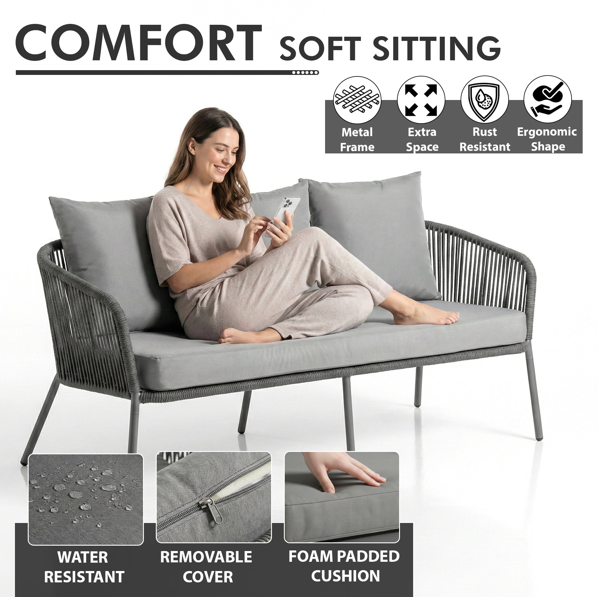Akva Outdoor Sofa Set 3 Seater , 2 Single seater and 1 Center Table Set (Grey) Braided & Rope