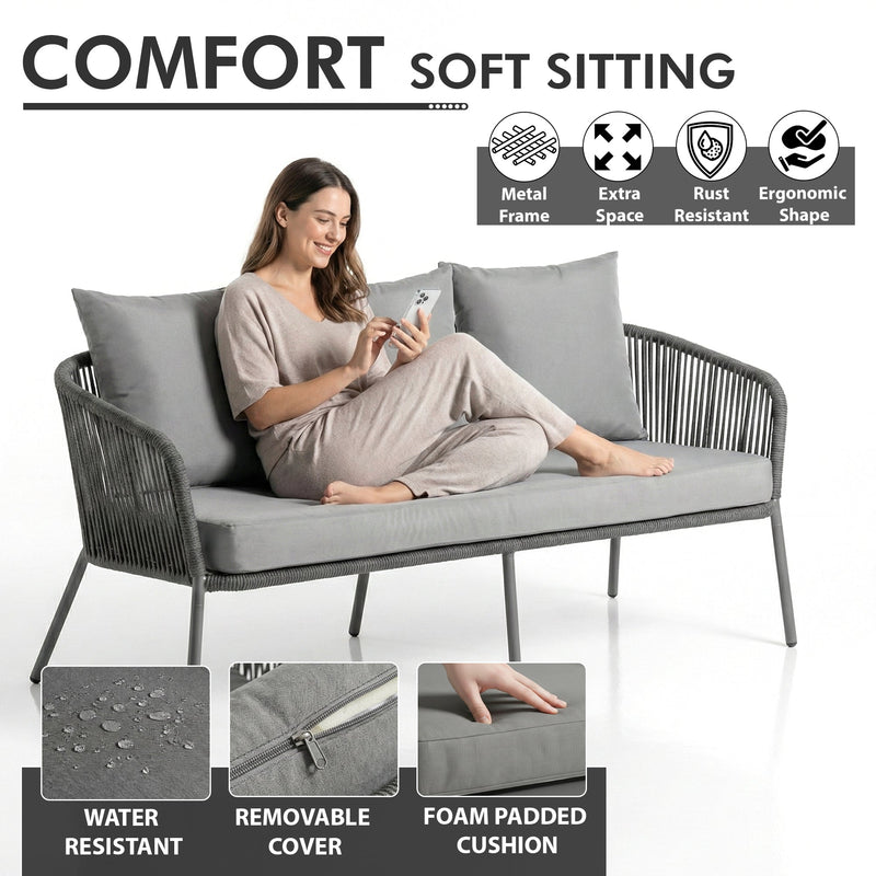 Akva Outdoor Sofa Set 3 Seater , 2 Single seater and 1 Center Table Set (Grey) Braided & Rope
