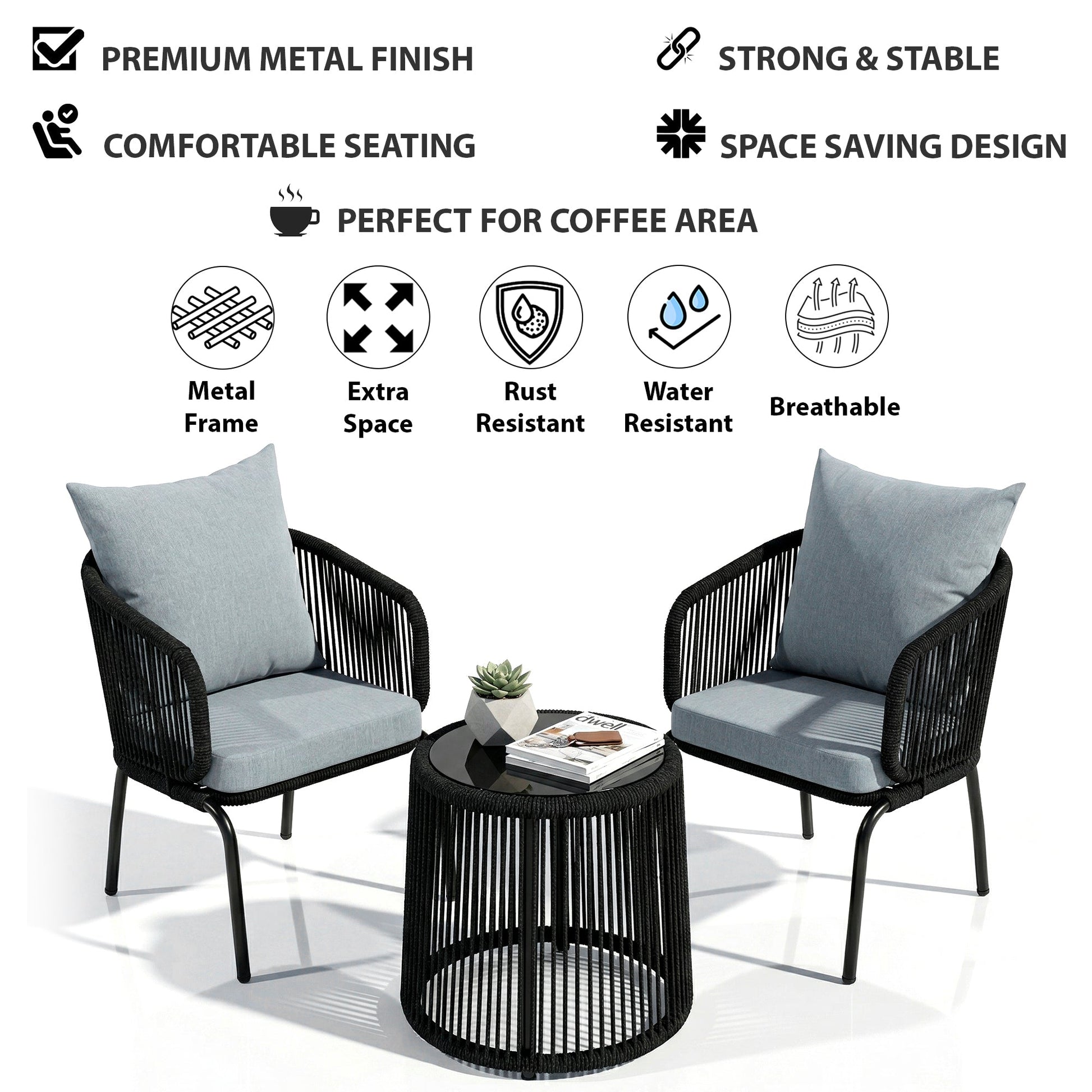 Luigi Outdoor Patio Seating Set 2 Chairs and 1 Table Set (Black) Braided & Rope