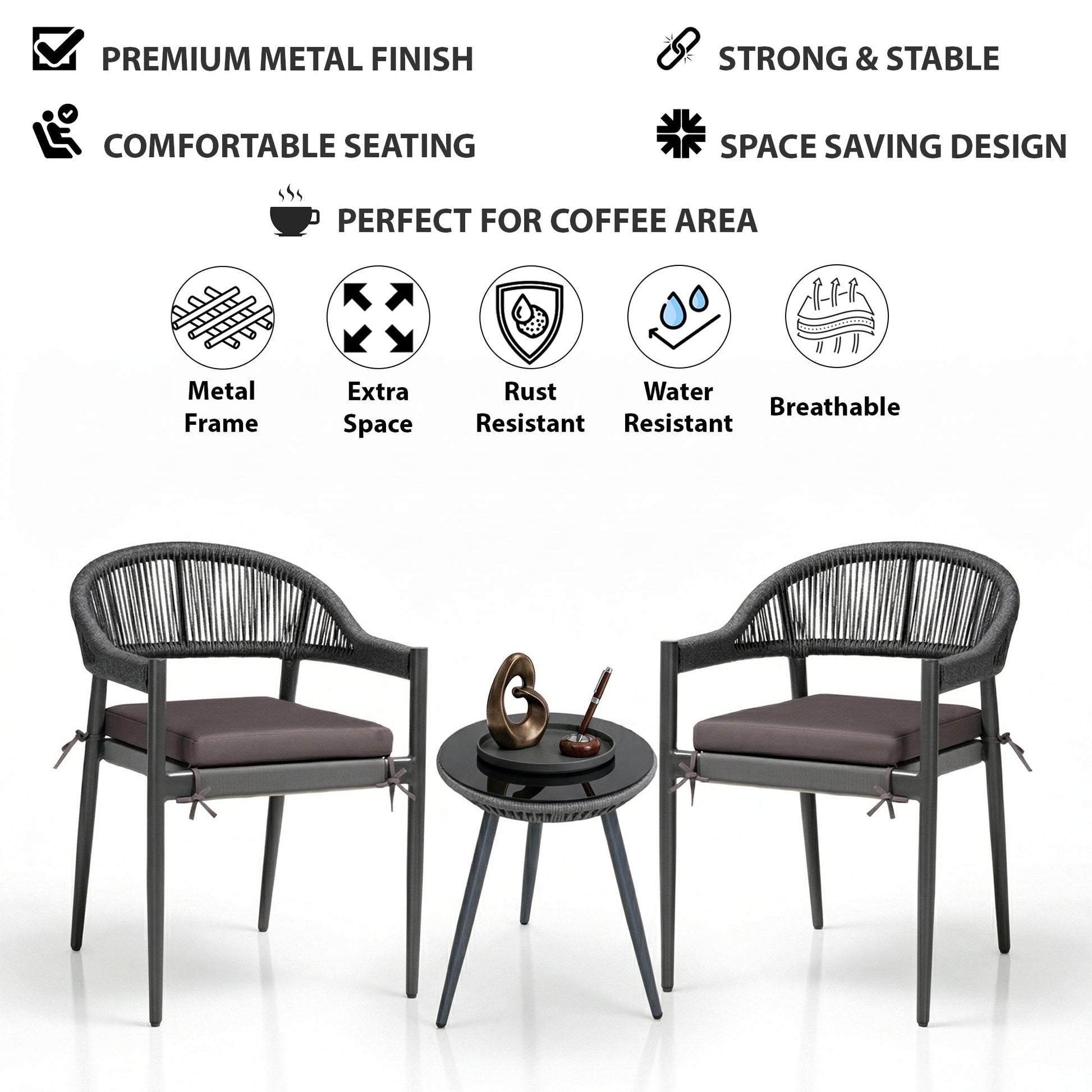 Brila Outdoor Patio Seating Set 2 Chairs and 1 Table Set (Black) Braided & Rope