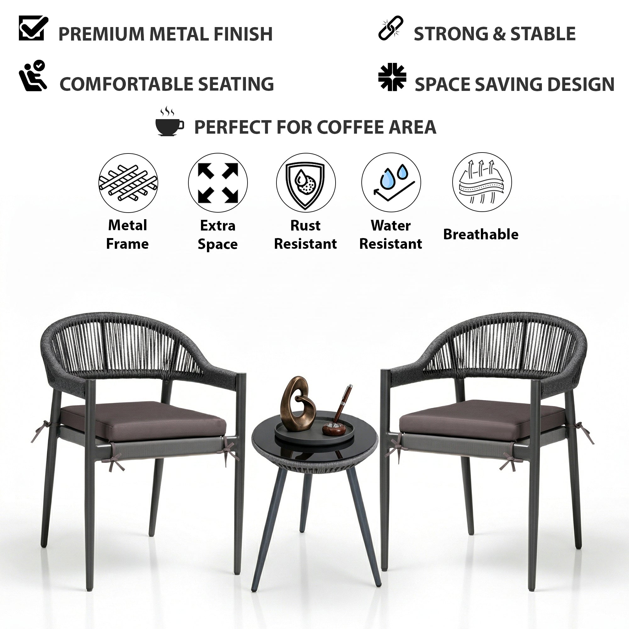 Brila Outdoor Patio Seating Set 2 Chairs and 1 Table Set (Black) Braided & Rope