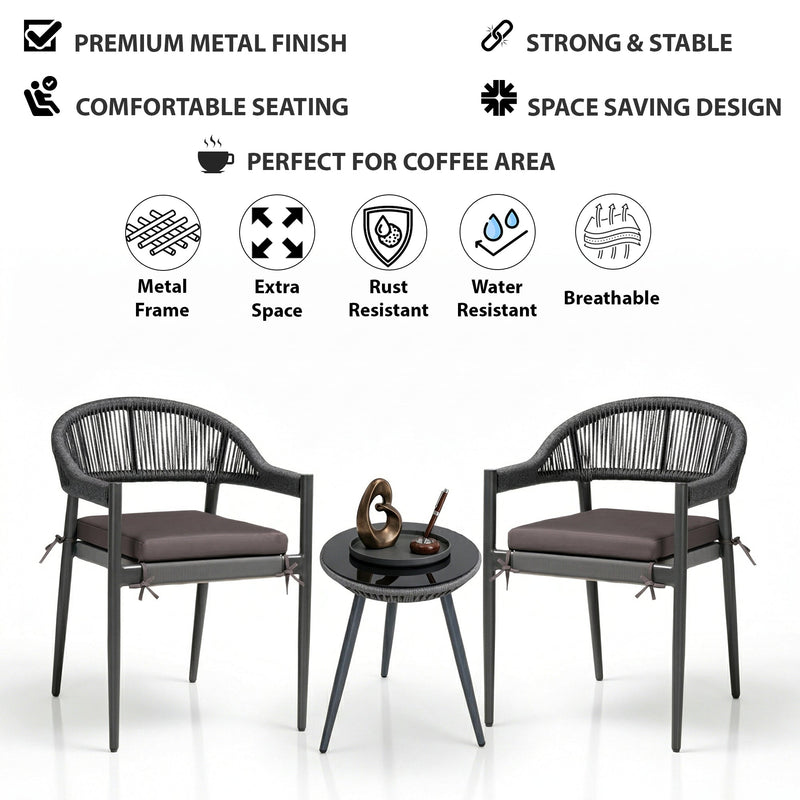 Brila Outdoor Patio Seating Set 2 Chairs and 1 Table Set (Black) Braided & Rope