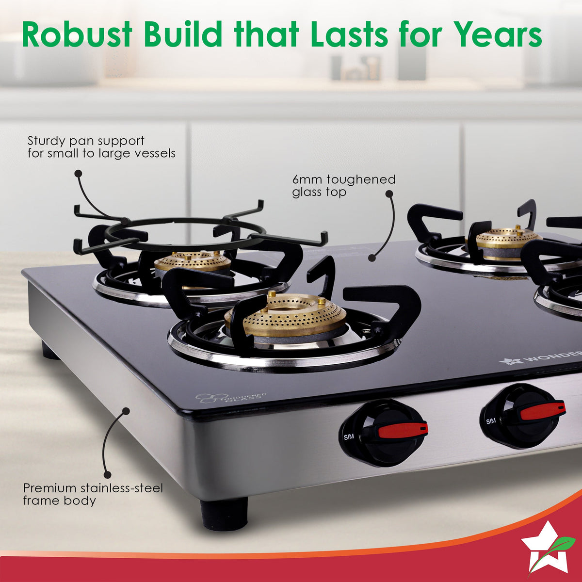 Wonderchef Galaxy Auto-Ignition 4 Brass Burner Gas Stove, LPG Gas Stove for Kitchen, No Lighter Needed, ISI Toughened Gl
