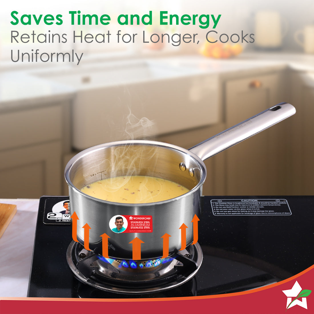 Wonderchef Stella Triply Stainless Steel Milk Pan | 16 cm, 1.7 Litres | Compatible with Gas Stove, Induction, Ceramic Co