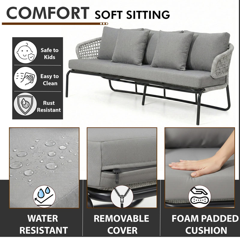 Velory Outdoor Sofa Set 3 Seater , 2 Single seater and 1 Center Table Set (Grey) Braided & Rope