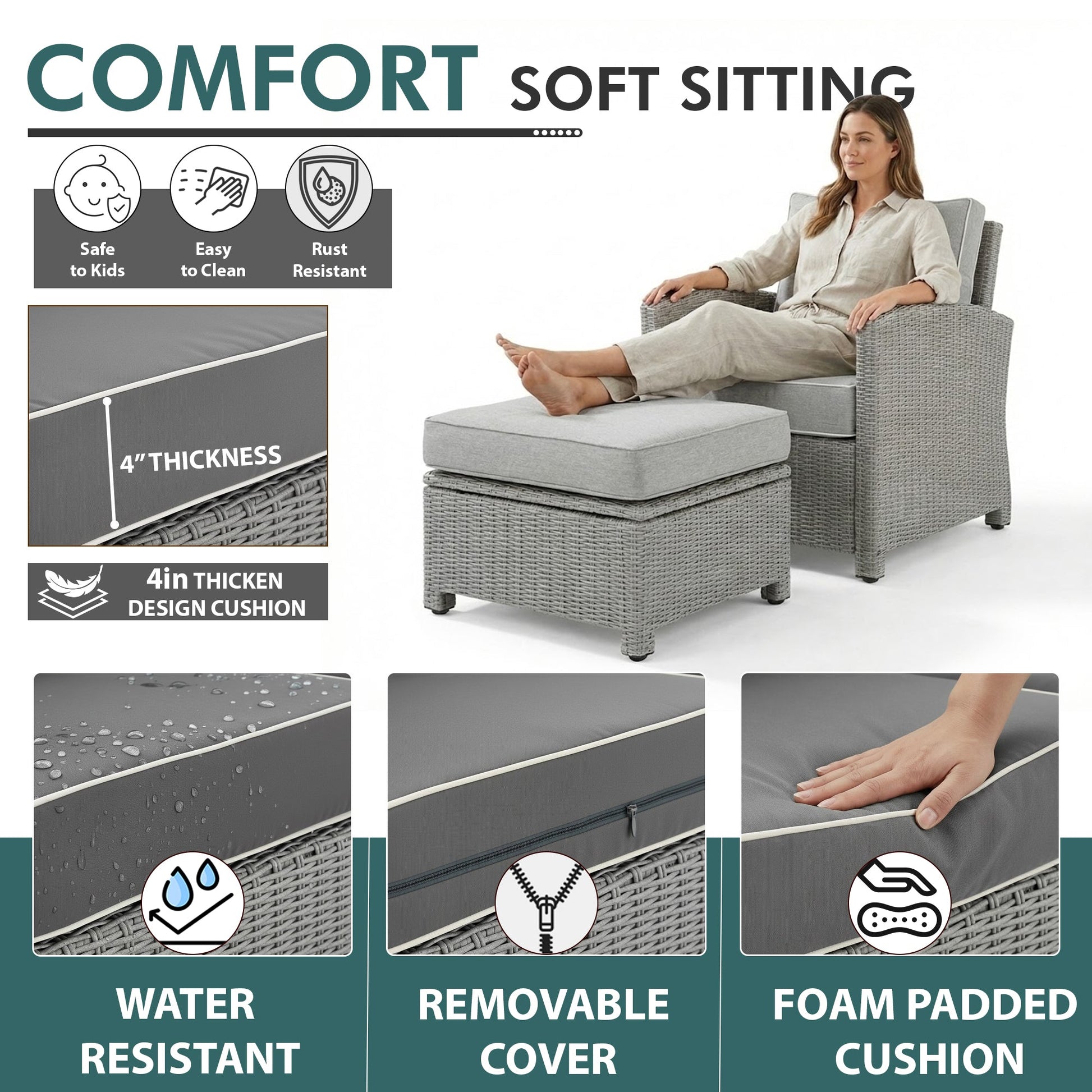 Reunica Outdoor Sofa Set  2 Single seater with 2 ottoman and 1 Center Table (Grey)