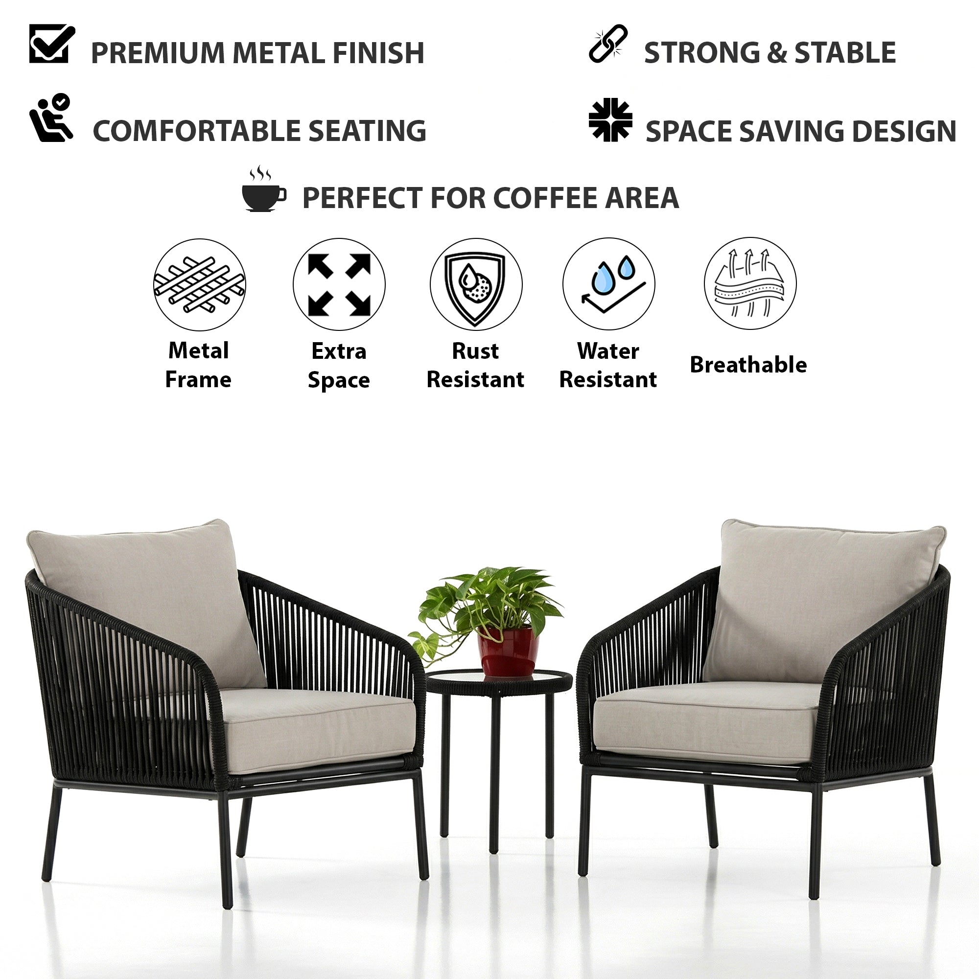 Alwin Outdoor Patio Seating Set 2 Chairs and 1 Table Set (Black) Braided And Rope