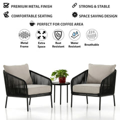 Alwin Outdoor Patio Seating Set 2 Chairs and 1 Table Set (Black) Braided And Rope