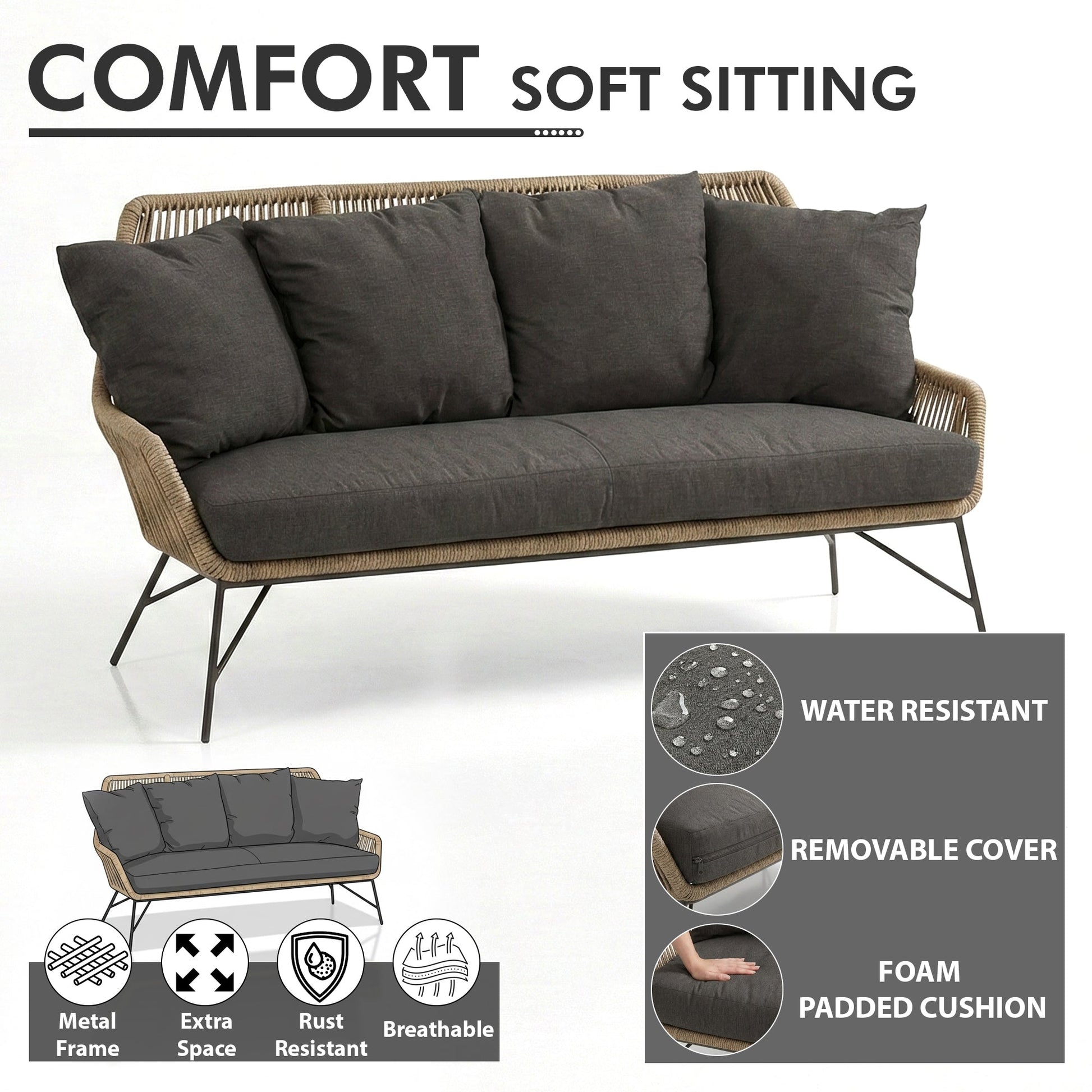 Zalit Outdoor Garden Balcony Sofa Set 3 Seater , 2 Single Seater 1 Center Table Set (Browm-Beige) Braided and Rope