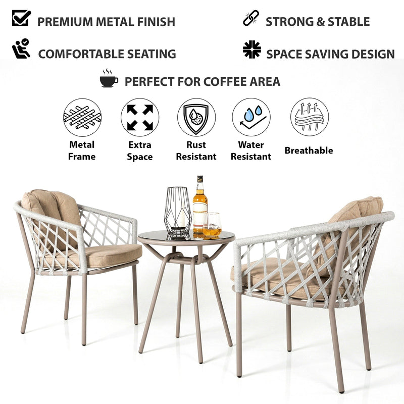Surfer Outdoor Patio Seating Set 2 Chairs and 1 Table Set (Grey) Braided & Rope