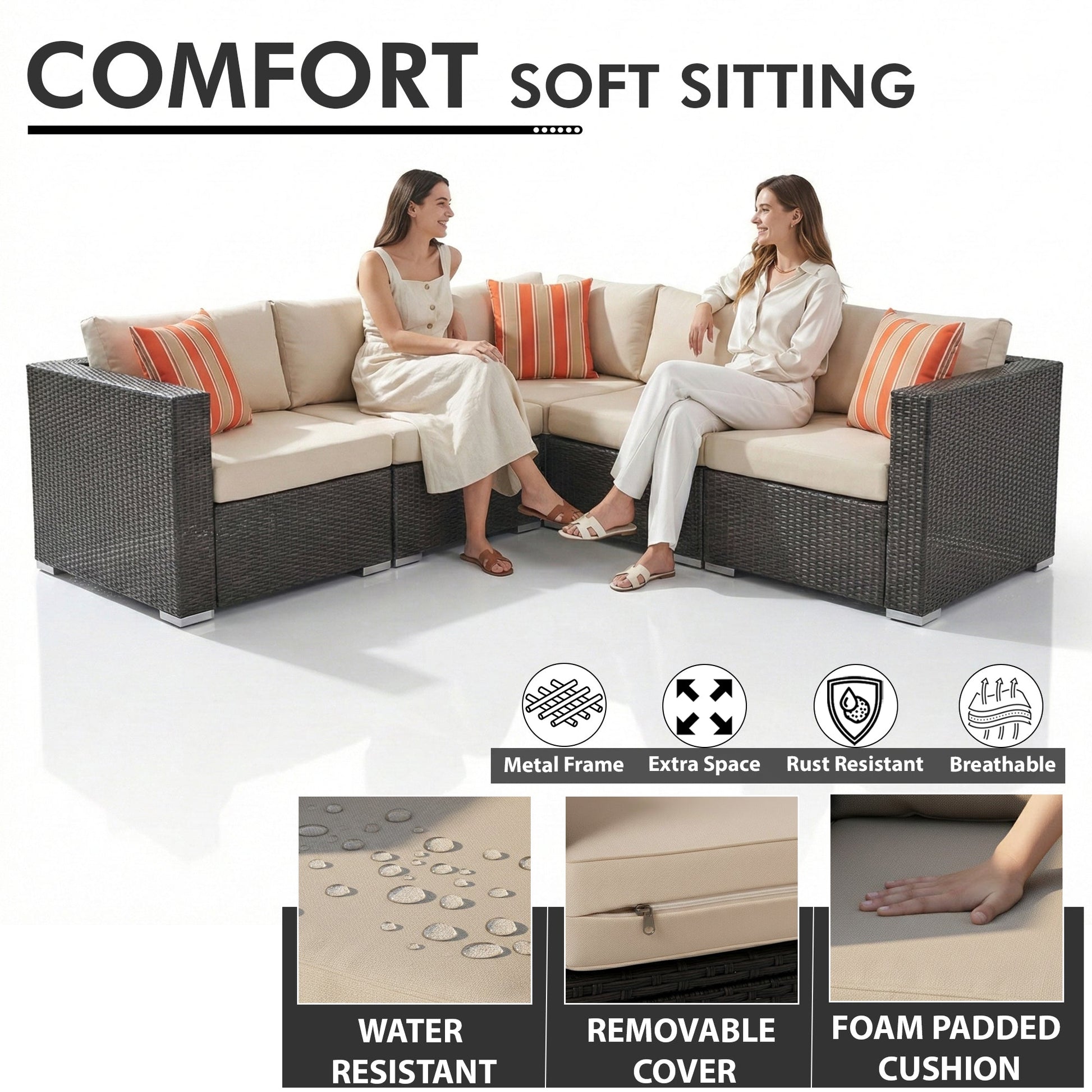 Torino Outdoor Garden Balcony Sofa Set 3 Seater, 2 Seater With 2 Single Seater and 1 Center Table With 1 Side Table Set (Brown)