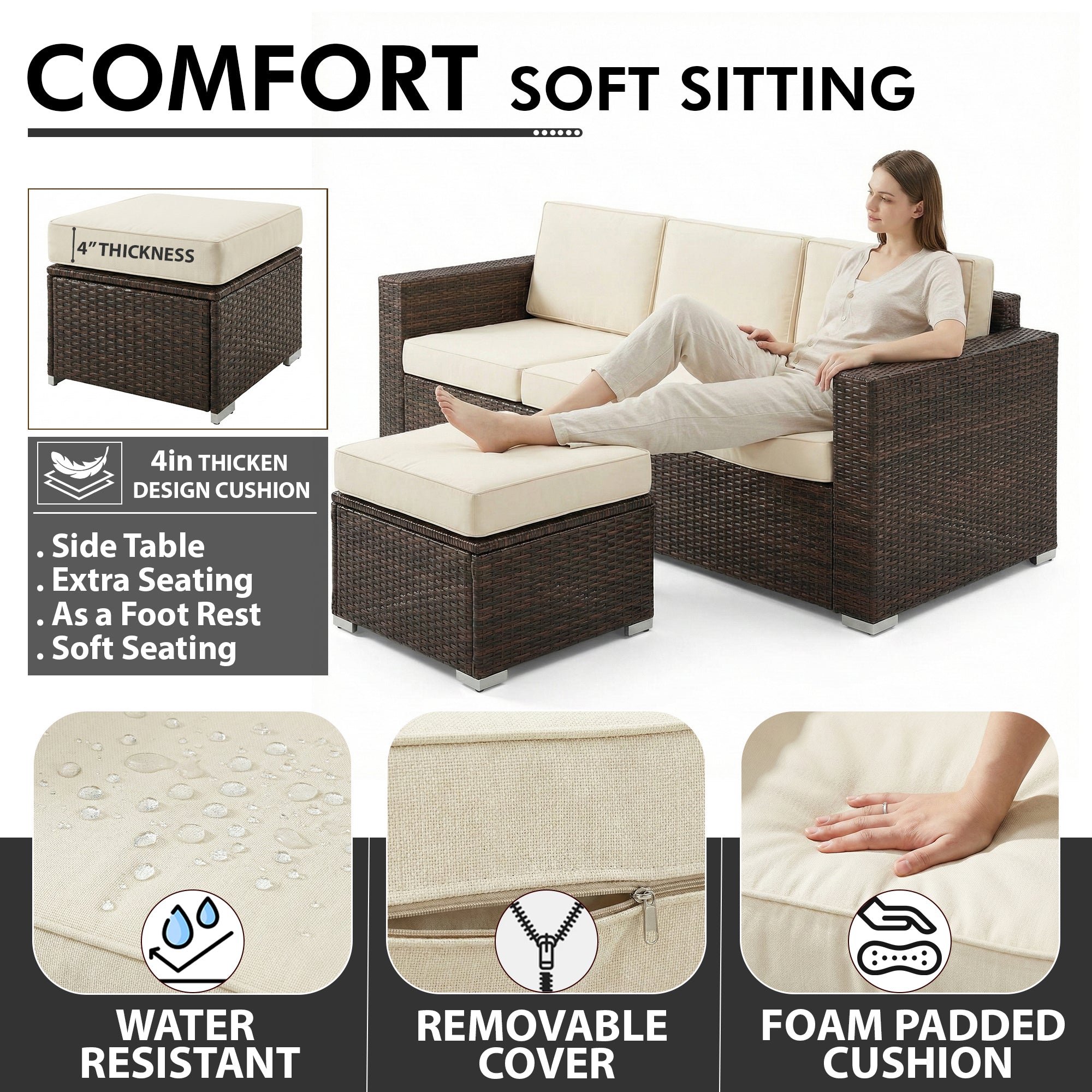 Jovis Outdoor Garden Balcony Sofa Set 3 Seater, 2 Single seater With 1 Ottoman and 1 Center Table Set (Brown)