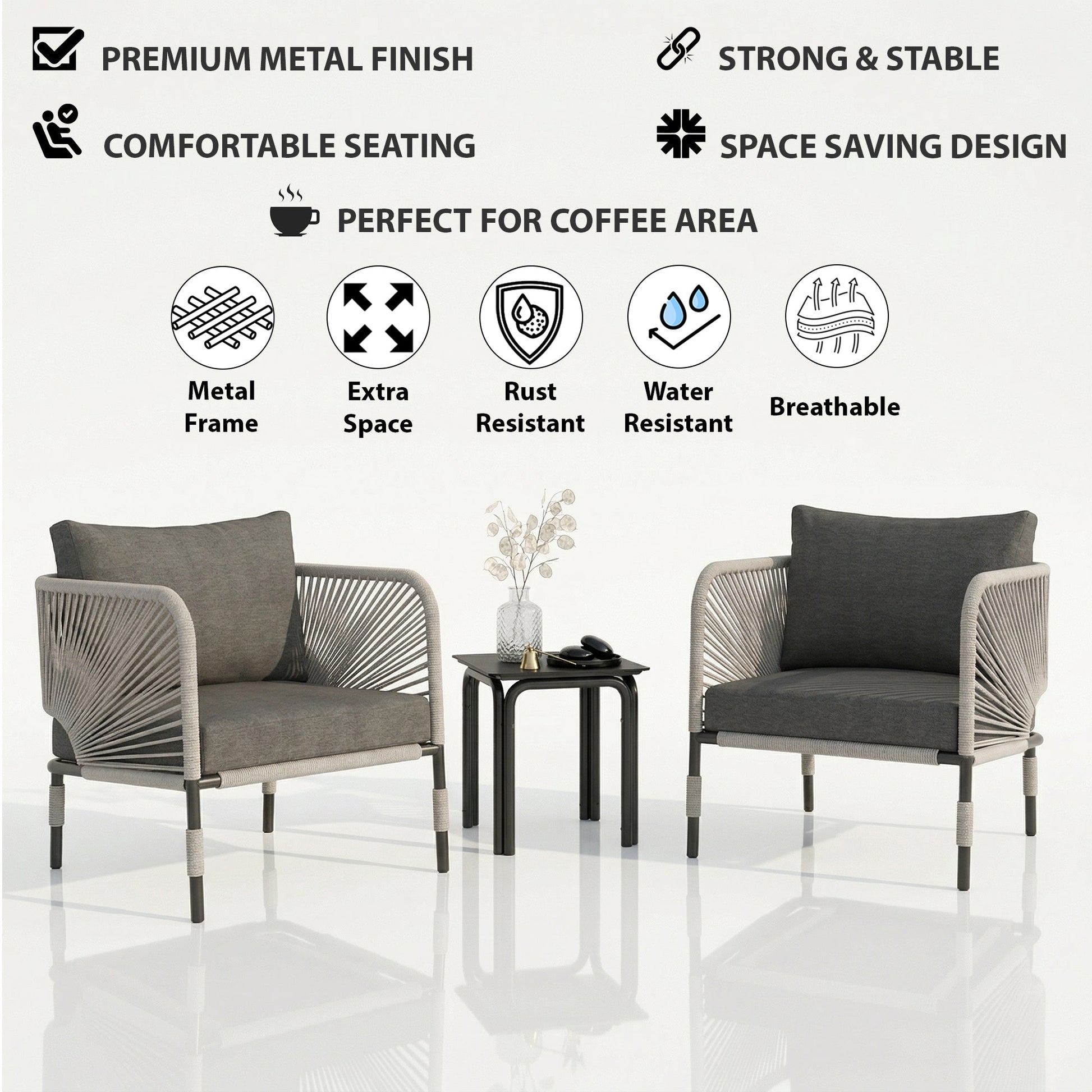 Werner Outdoor Patio Seating Set 2 Chairs and 1 Table Set (GREY) Braided & Rope
