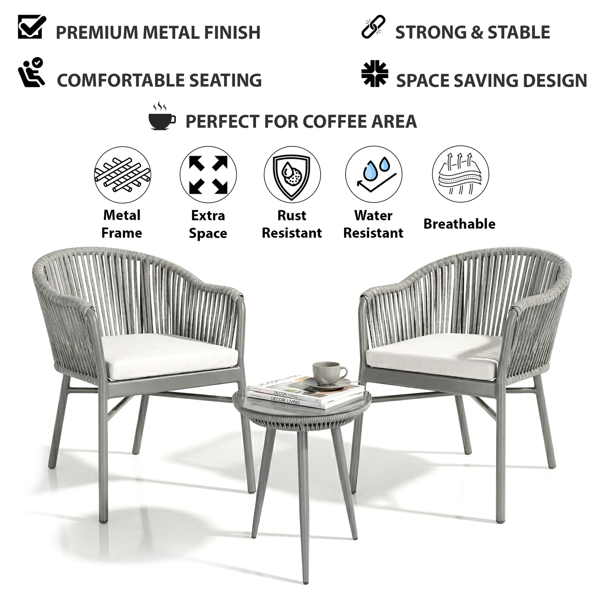 Remame Outdoor Patio Seating Set 2 Chairs and 1 Table Set (Grey) Braided & Rope