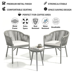 Remame Outdoor Patio Seating Set 2 Chairs and 1 Table Set (Grey) Braided & Rope
