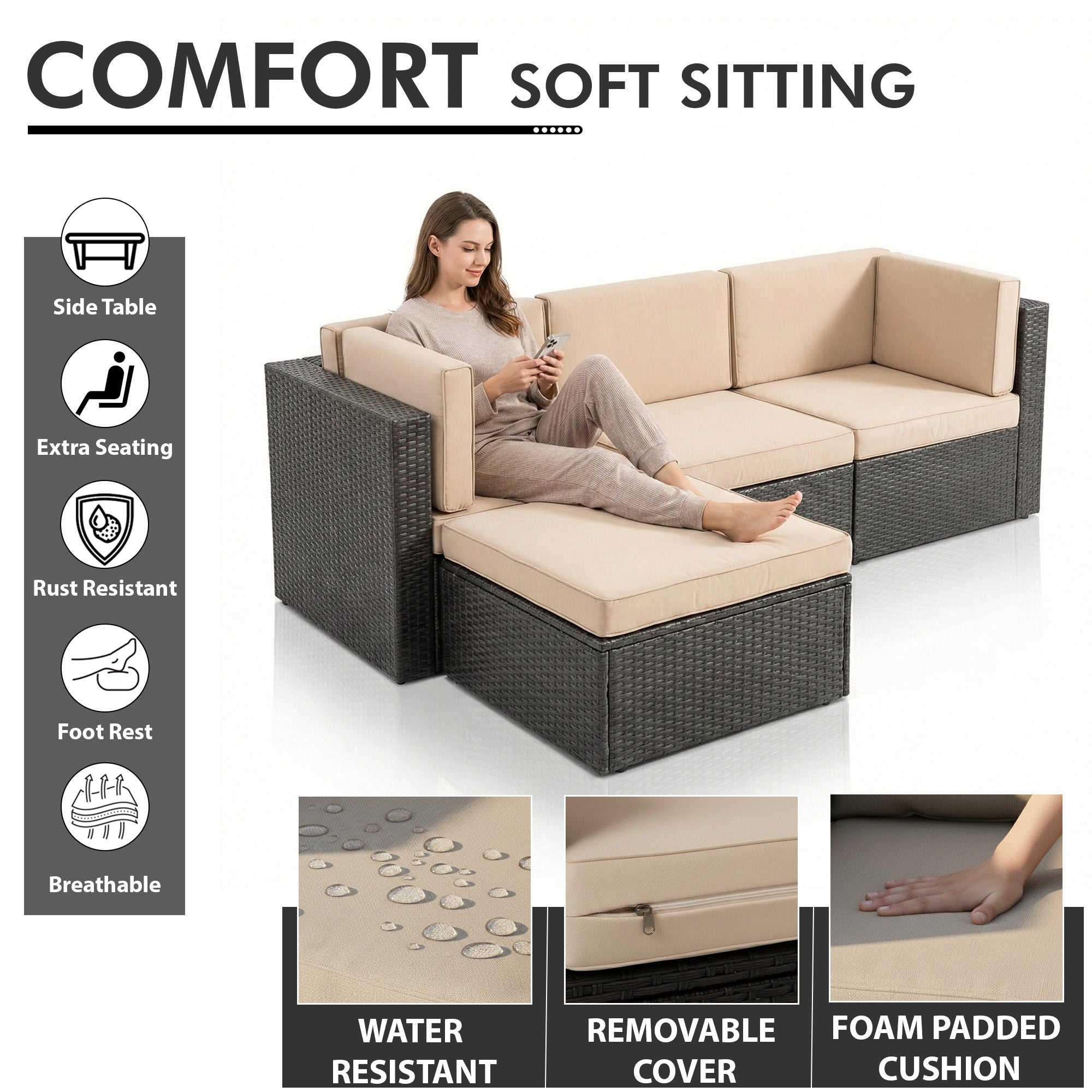 Ment Outdoor Sofa Set 4 Seater and 1 Center Table Set (Black)