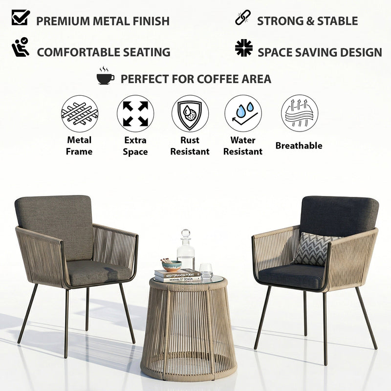 Odila Outdoor Patio Seating Set 2 Chairs and 1 Table Set (GREY+BROWN) Braided & Rope