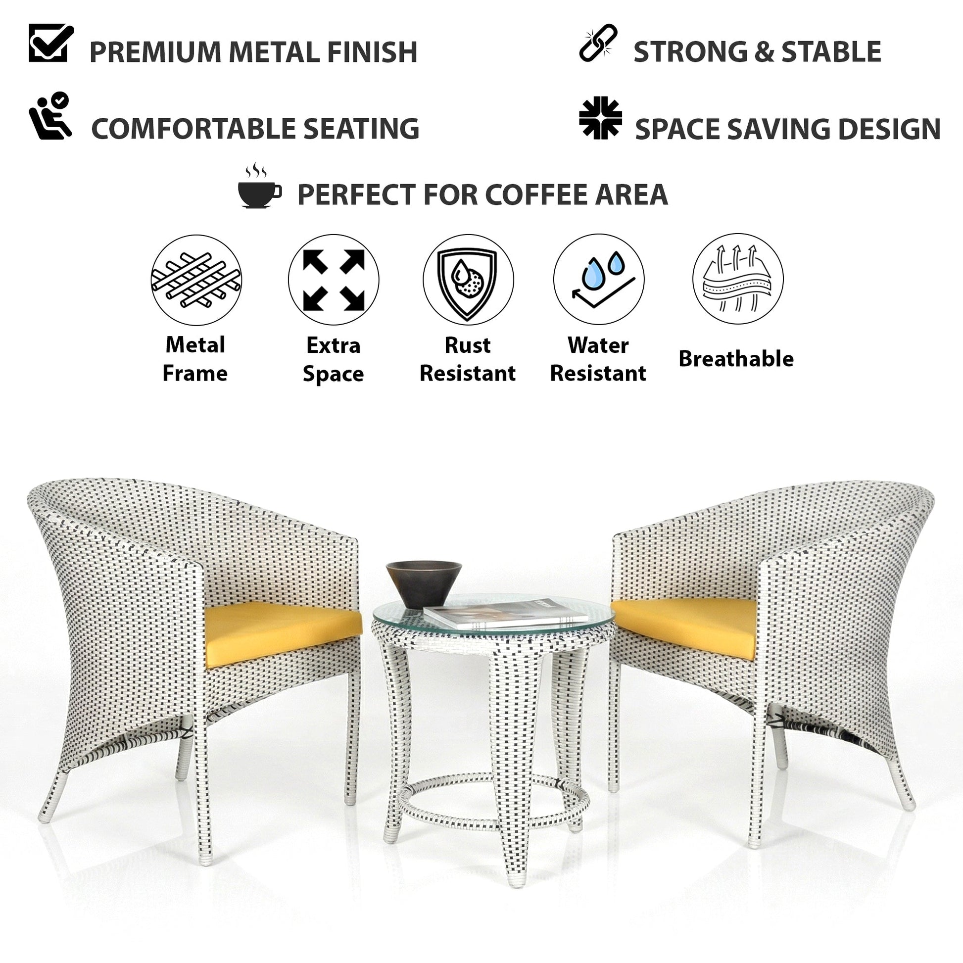 Kuush Outdoor Patio Seating Set 2 Chairs and 1 table Set (White and black)