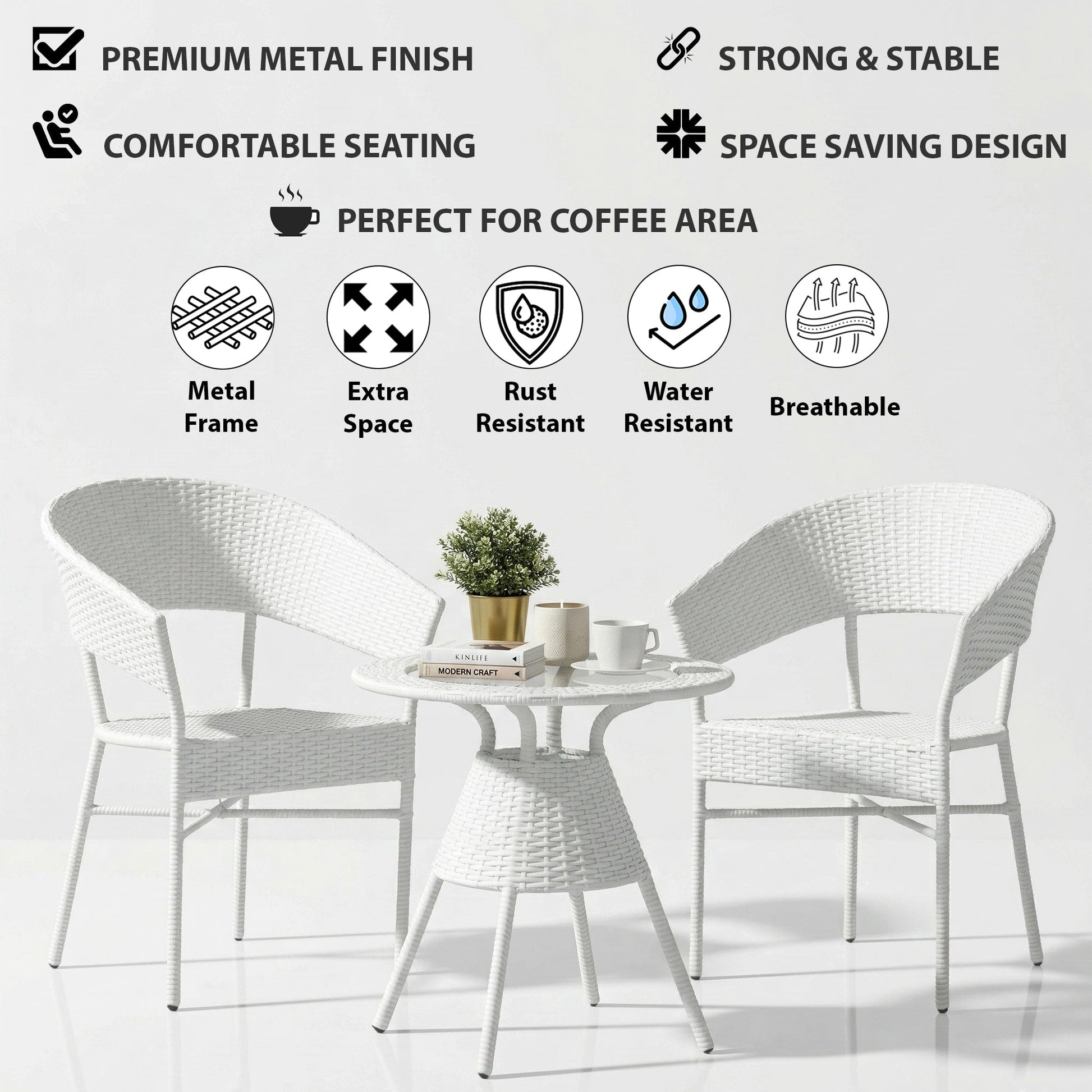Tessa Outdoor Patio Seating Set 2 Chairs and 1 Table Set (White)
