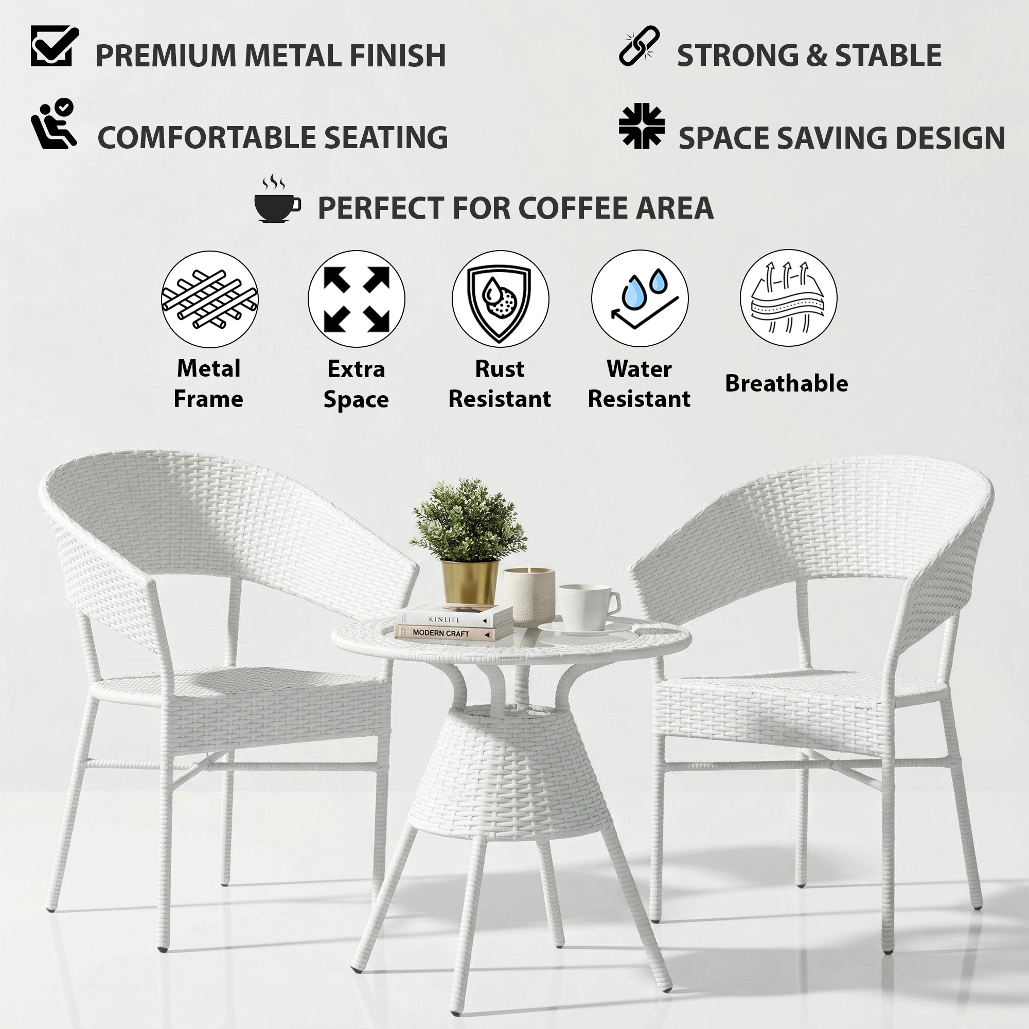 Tessa Outdoor Patio Seating Set 2 Chairs and 1 Table Set (White)
