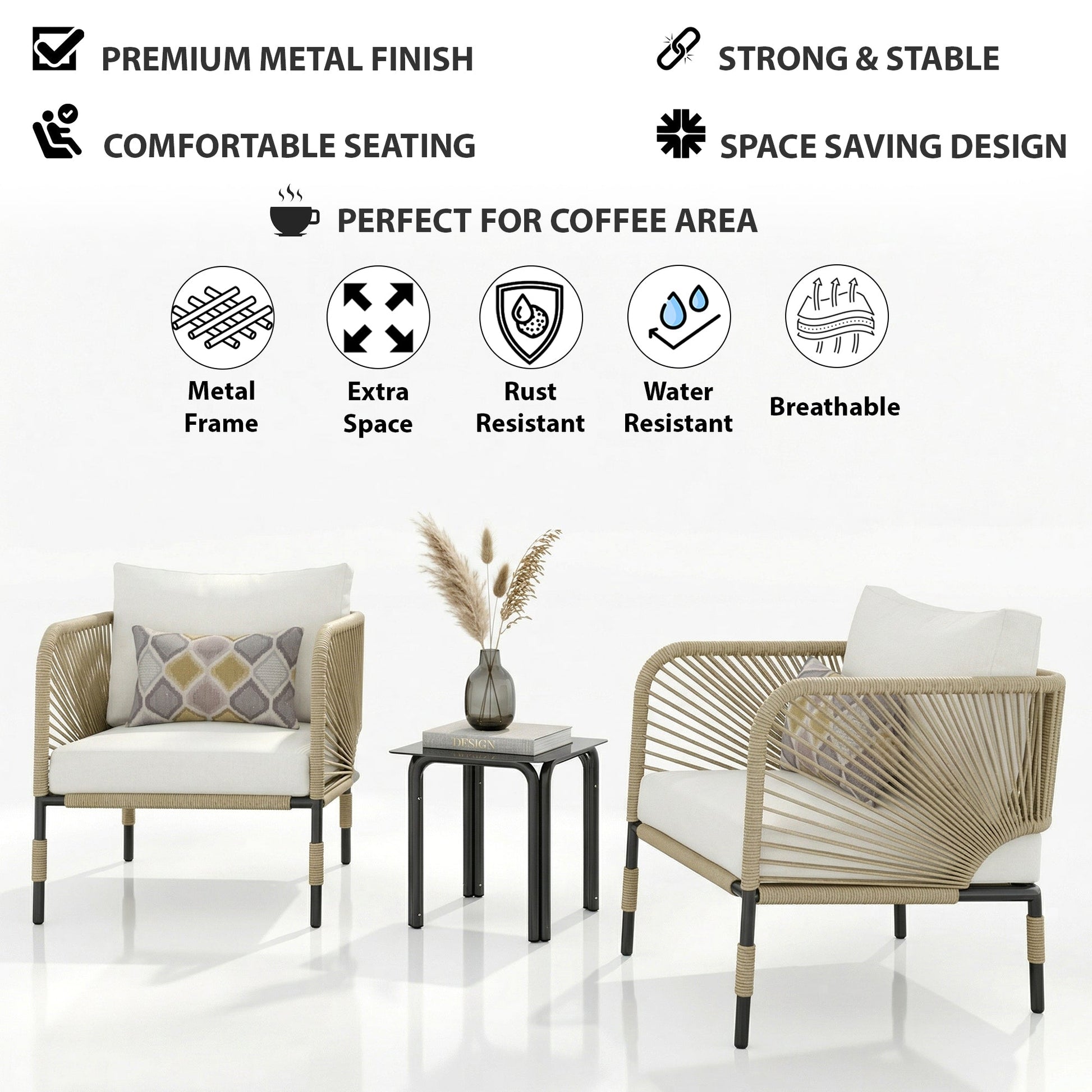 Madera Outdoor Patio Seating Set 2 Chairs and 1 Table Set (Beige) Braided & Rope