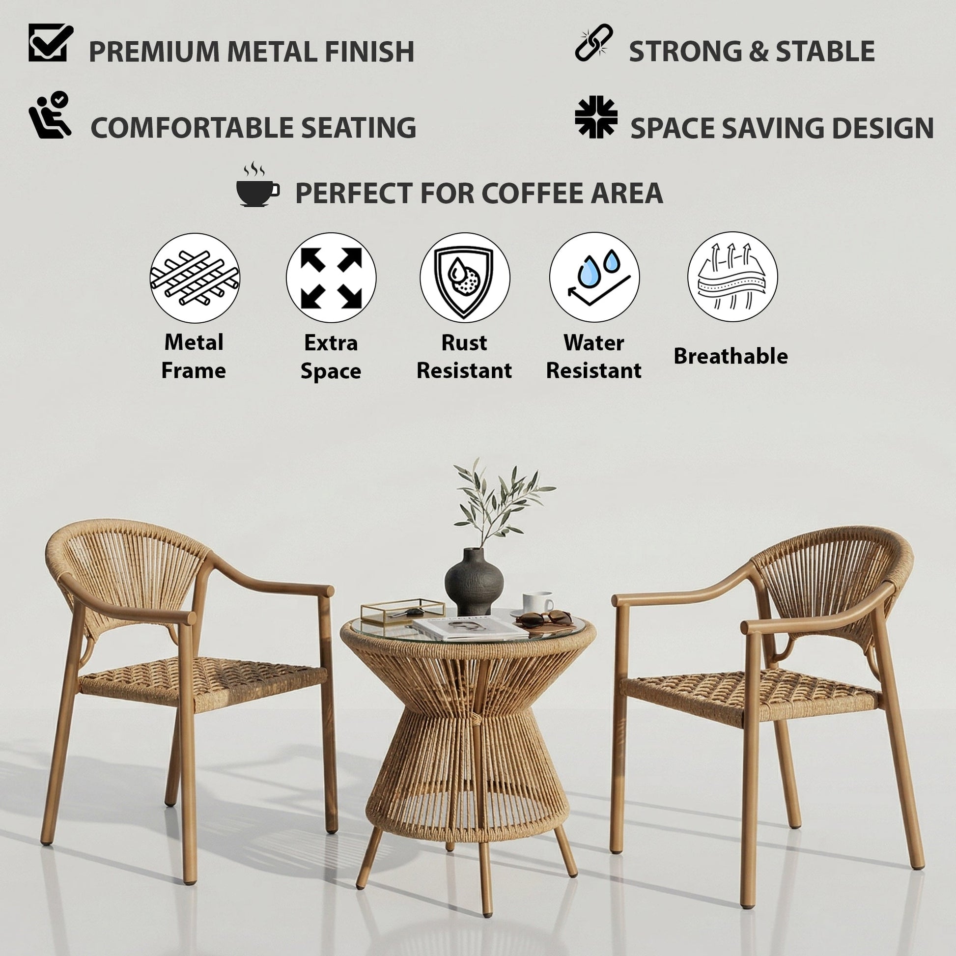 Ikra Outdoor Patio Seating Set 2 Chairs and 1 Table Set (Beige) Braided & Rope