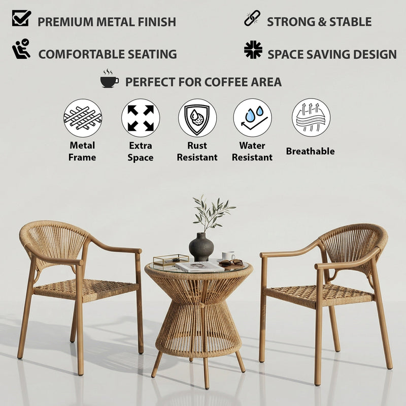 Ikra Outdoor Patio Seating Set 2 Chairs and 1 Table Set (Beige) Braided & Rope