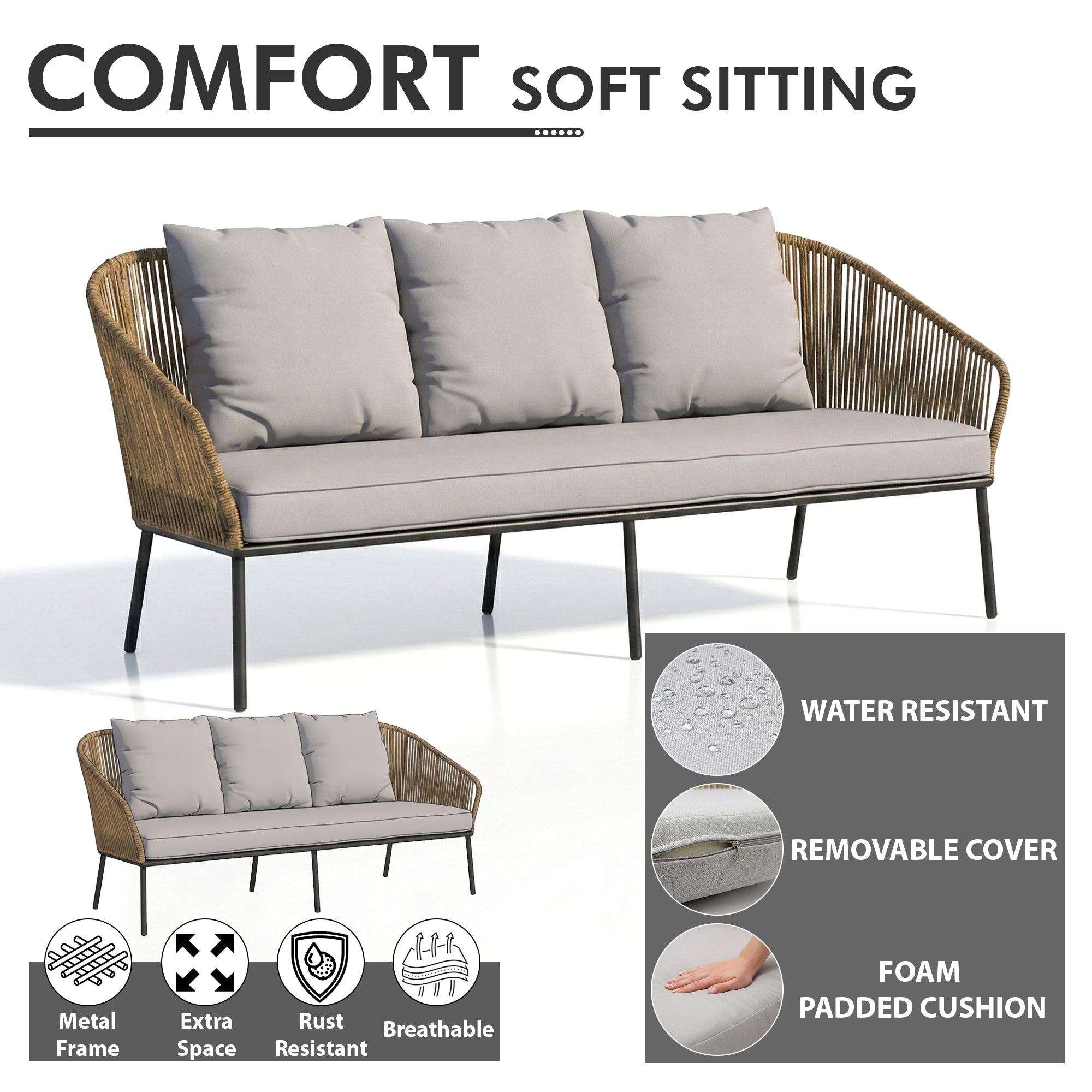 Goons Outdoor Sofa Set 3 Seater , 2 Single seater and 1 Center Table Set (Khaki) Braided & Rope