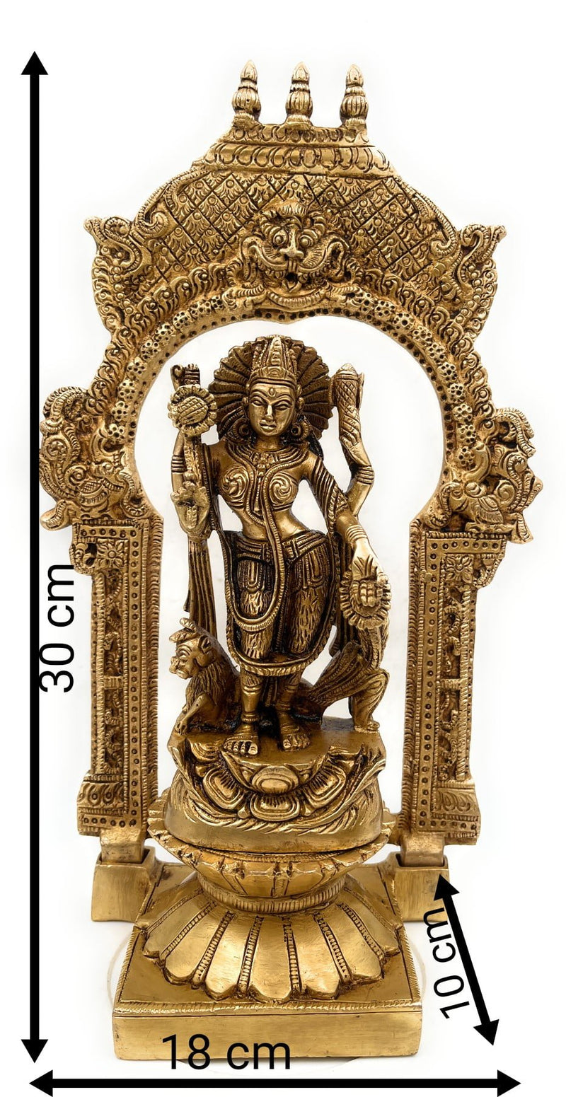 Handcrafted Brass Durga Devi Idol on Lotus Chowki with Temple Prabhavali – Mahishasuramardini | Adi Shakti | Pital Durgadevi Murti for Home Temple & Navratri Puja,Gold, 10.5 Inch, 1 Piece