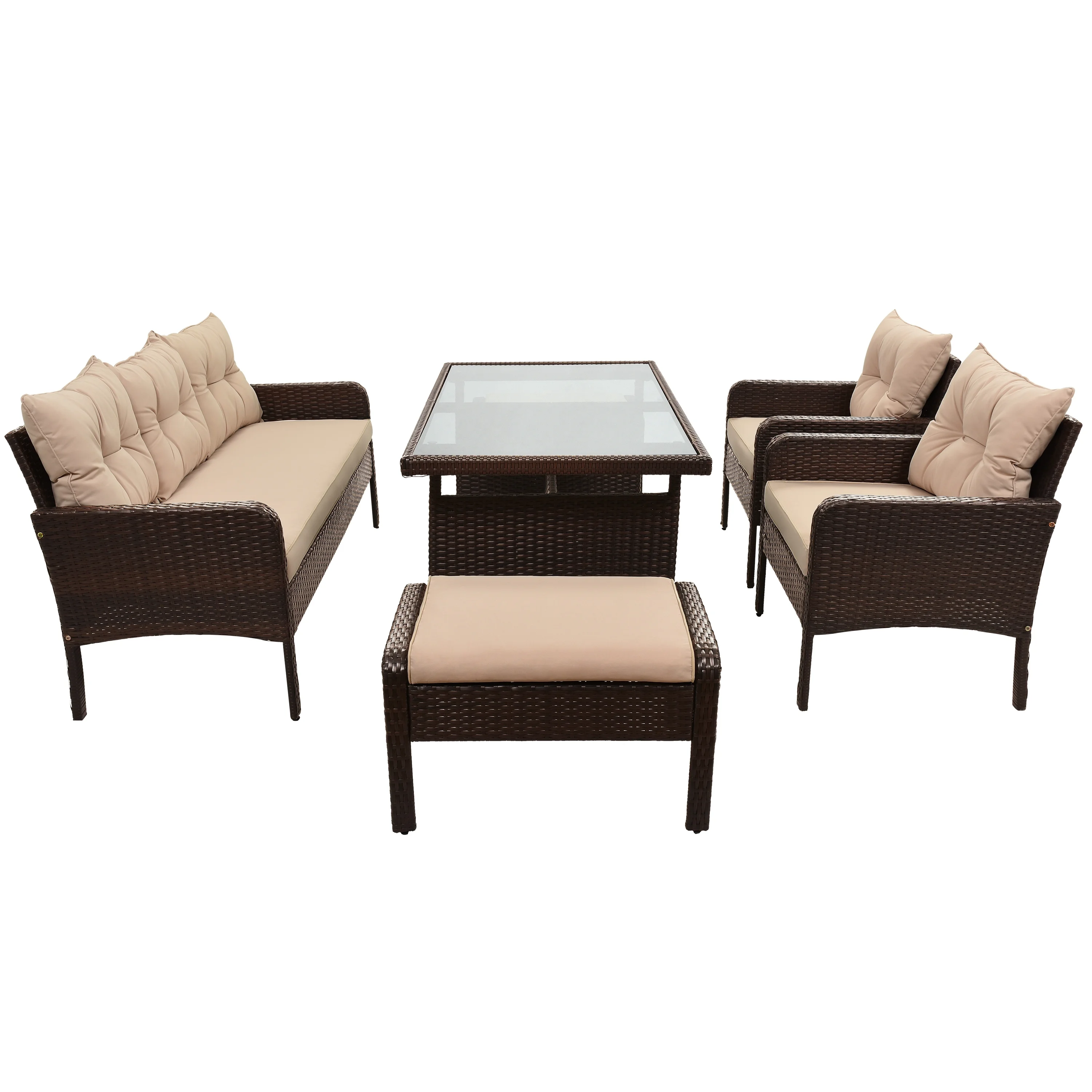 BienMate Outdoor Garden Balcony Sofa Set 3 Seater, 2 Single seater, 2 Ottoman and 1 Center Table Conversation Set (White + Tan)