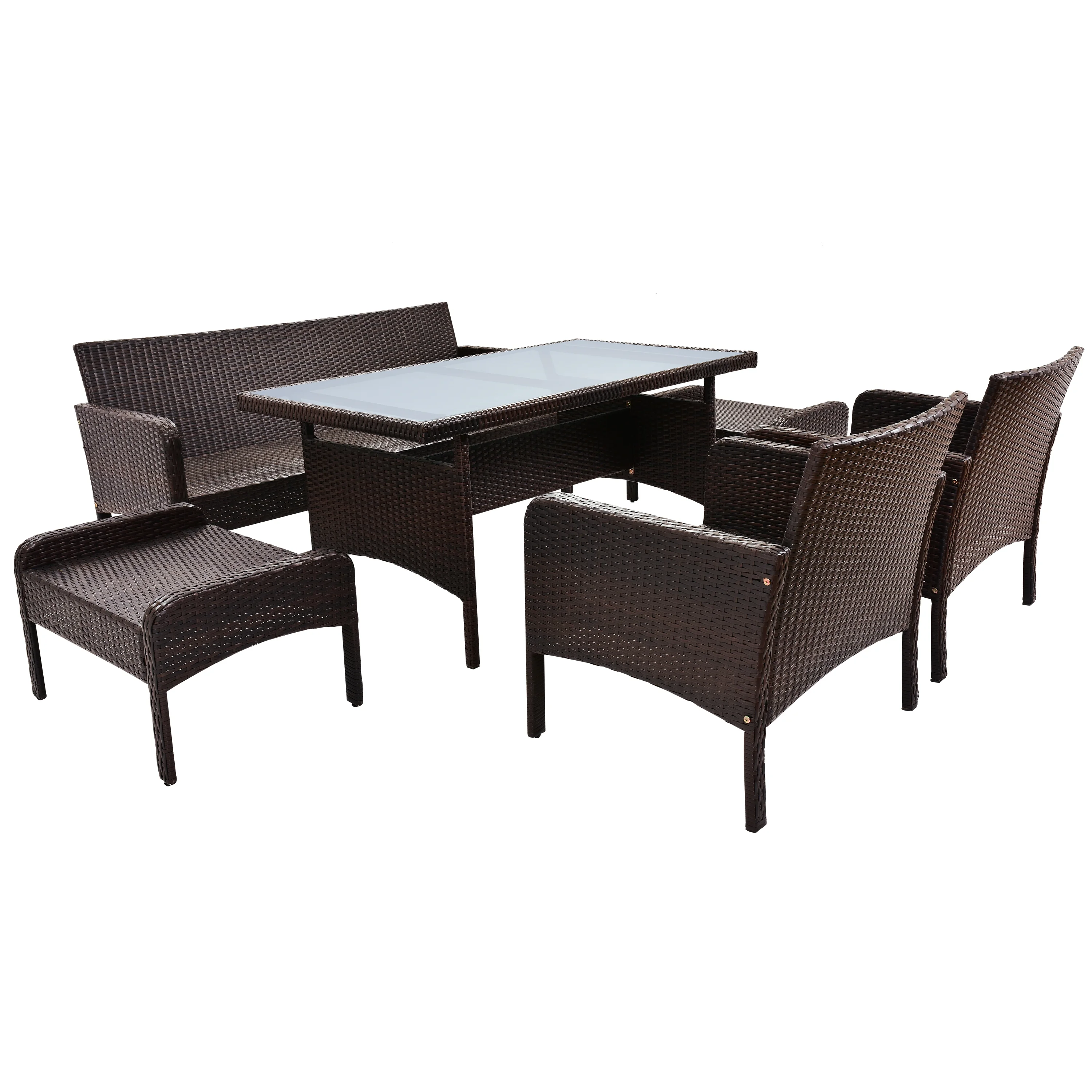 BienMate Outdoor Garden Balcony Sofa Set 3 Seater, 2 Single seater, 2 Ottoman and 1 Center Table Conversation Set (White + Tan)