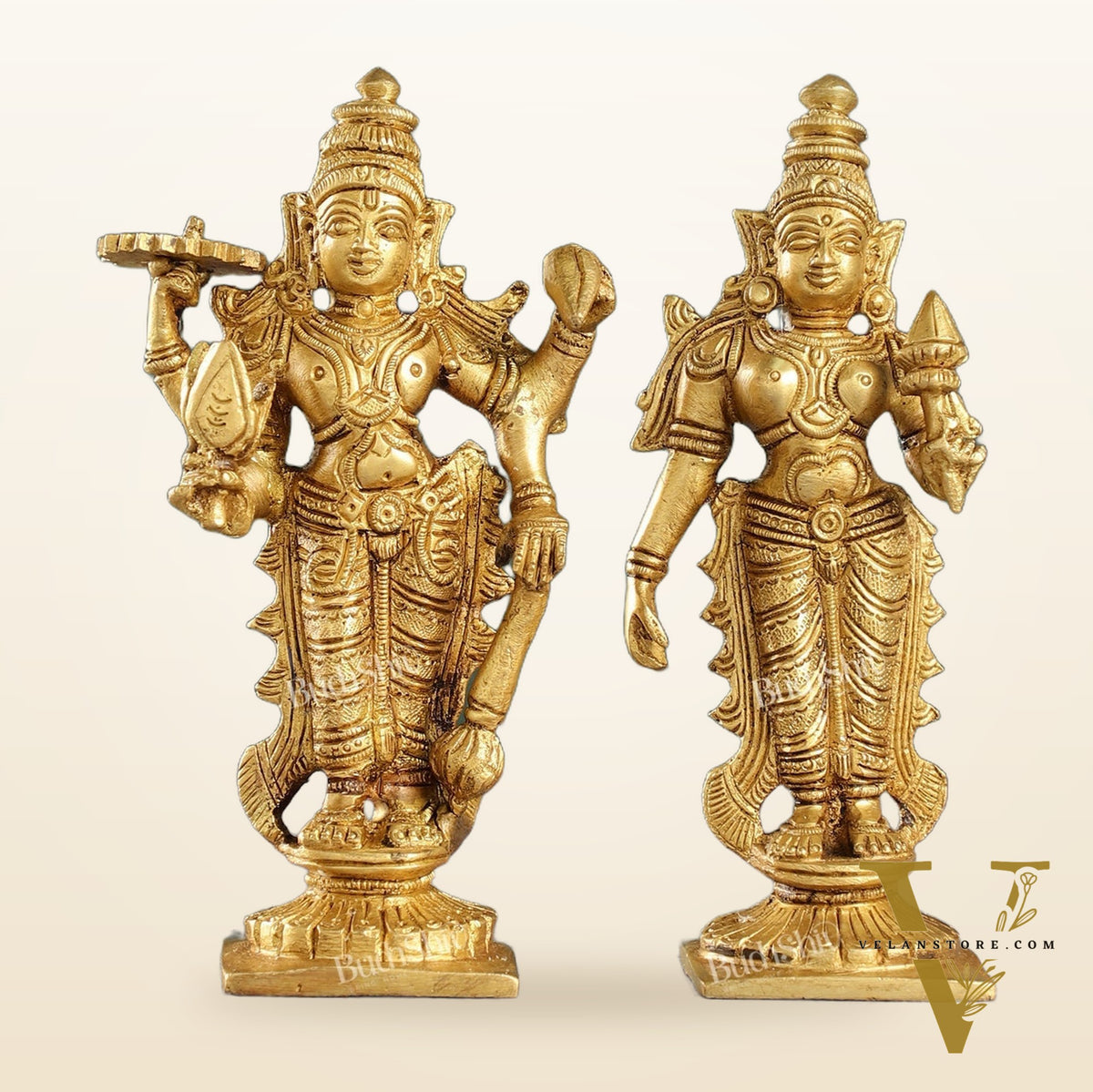 6-Inch Brass Standing Vishnu and Lakshmi Idols - Superfine Pair