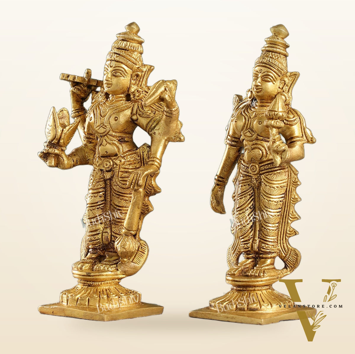 6-Inch Brass Standing Vishnu and Lakshmi Idols - Superfine Pair