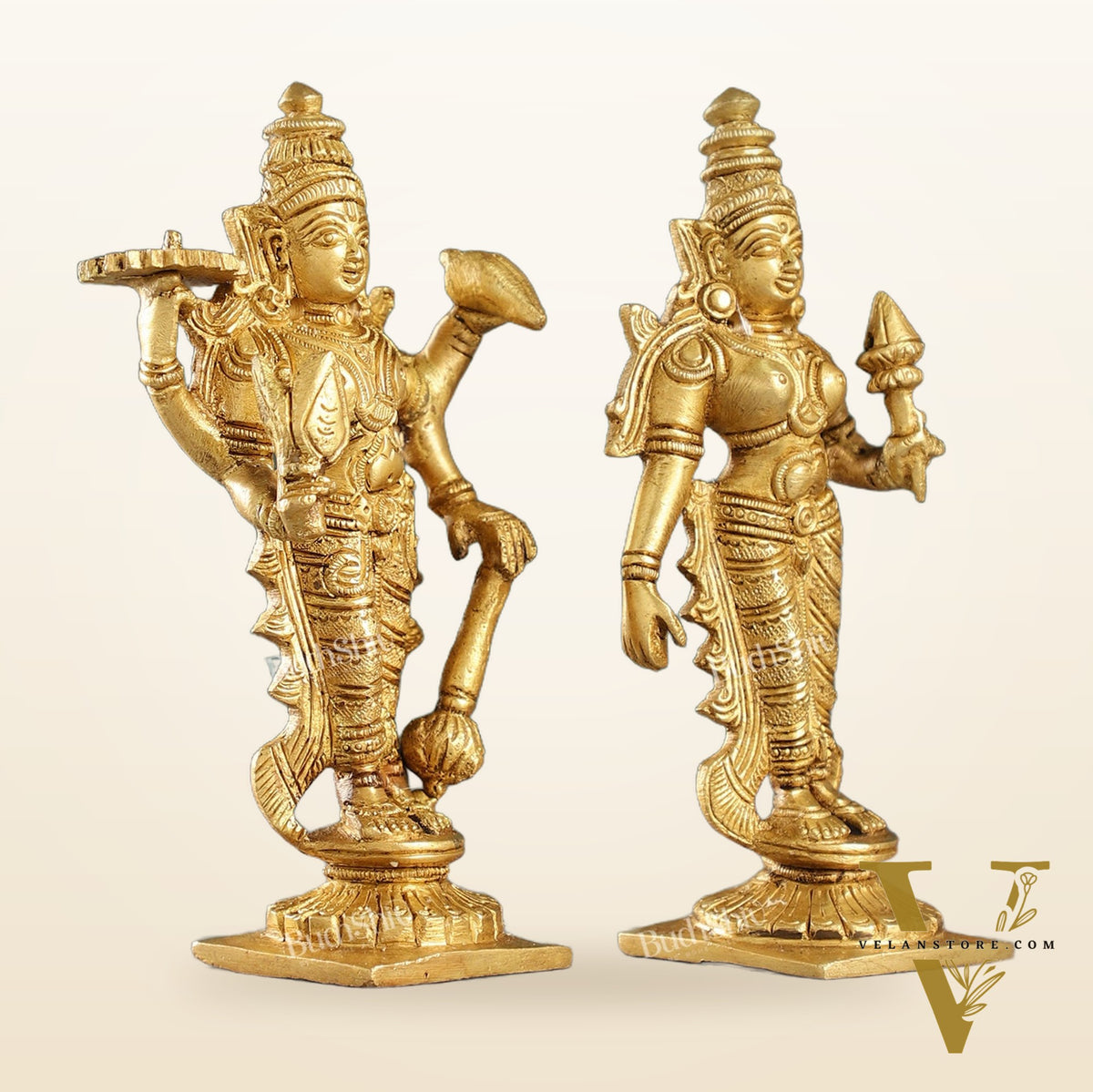 6-Inch Brass Standing Vishnu and Lakshmi Idols - Superfine Pair