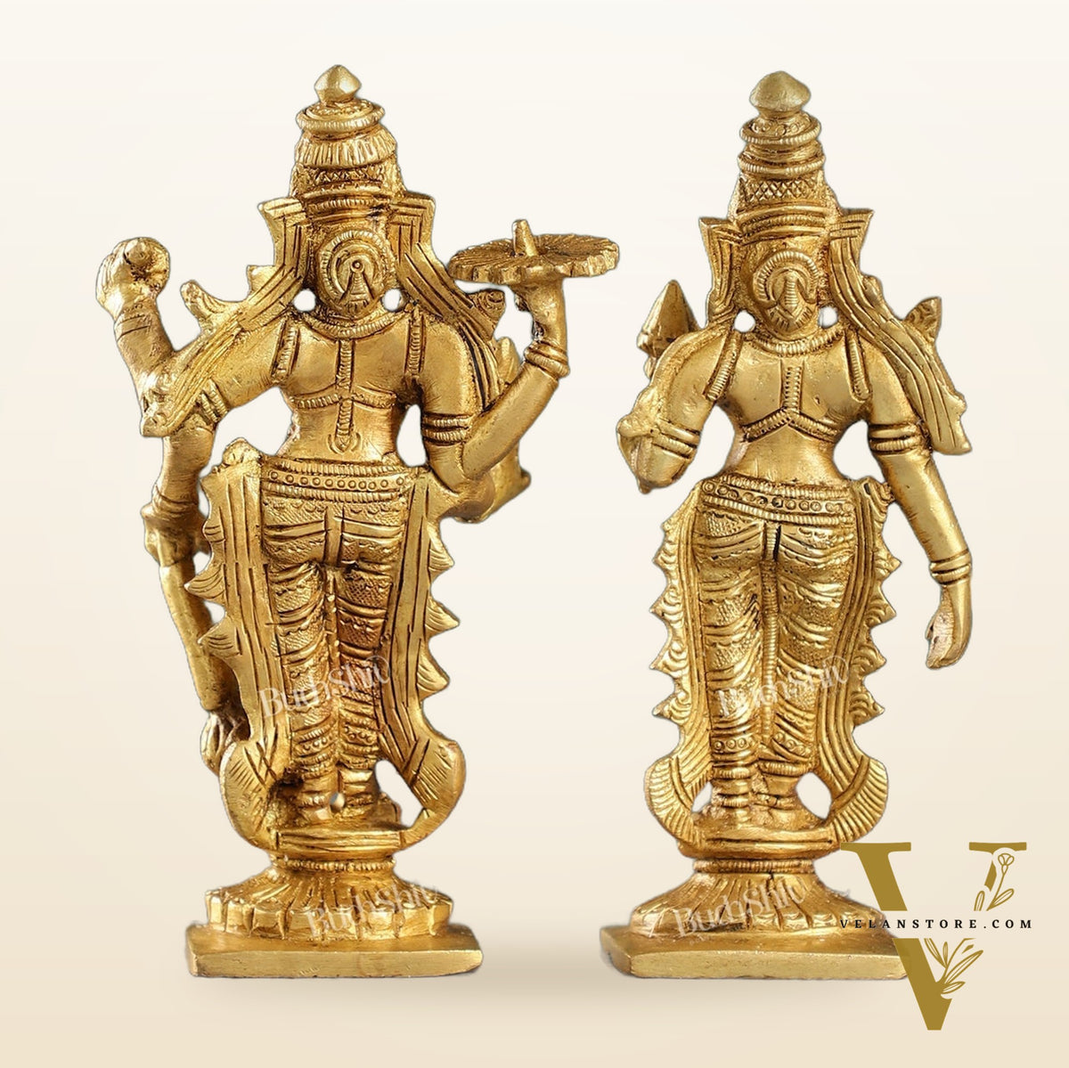 6-Inch Brass Standing Vishnu and Lakshmi Idols - Superfine Pair