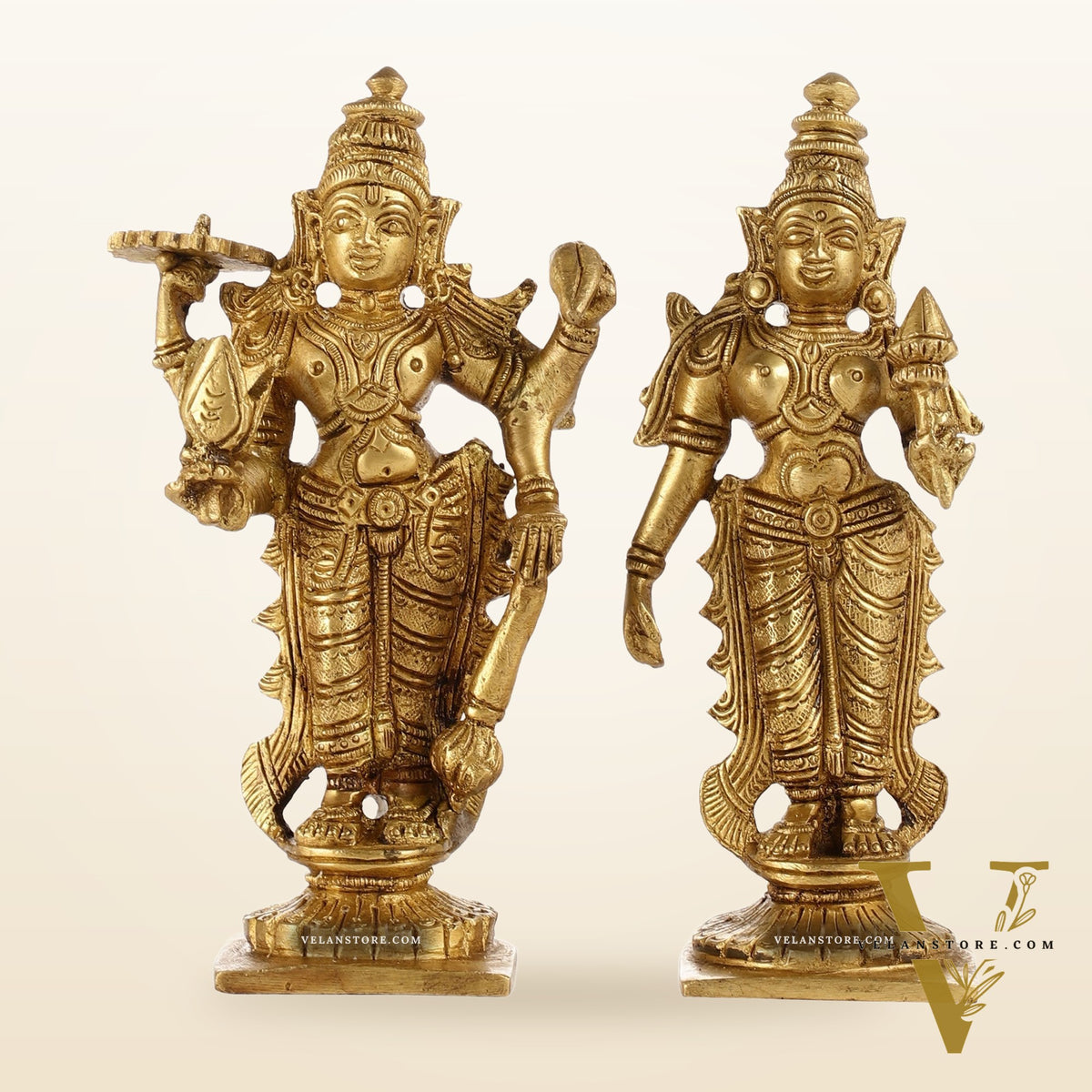 6-Inch Brass Standing Vishnu and Lakshmi Idols - Superfine Pair