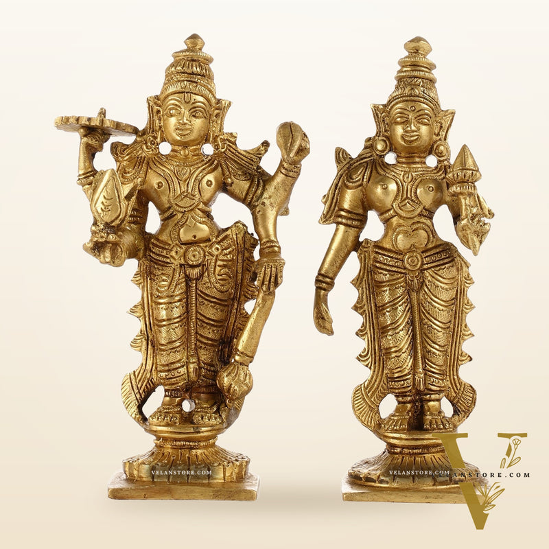 6-Inch Brass Standing Vishnu and Lakshmi Idols - Superfine Pair