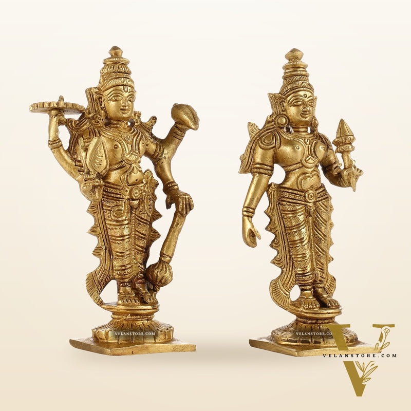 6-Inch Brass Standing Vishnu and Lakshmi Idols - Superfine Pair