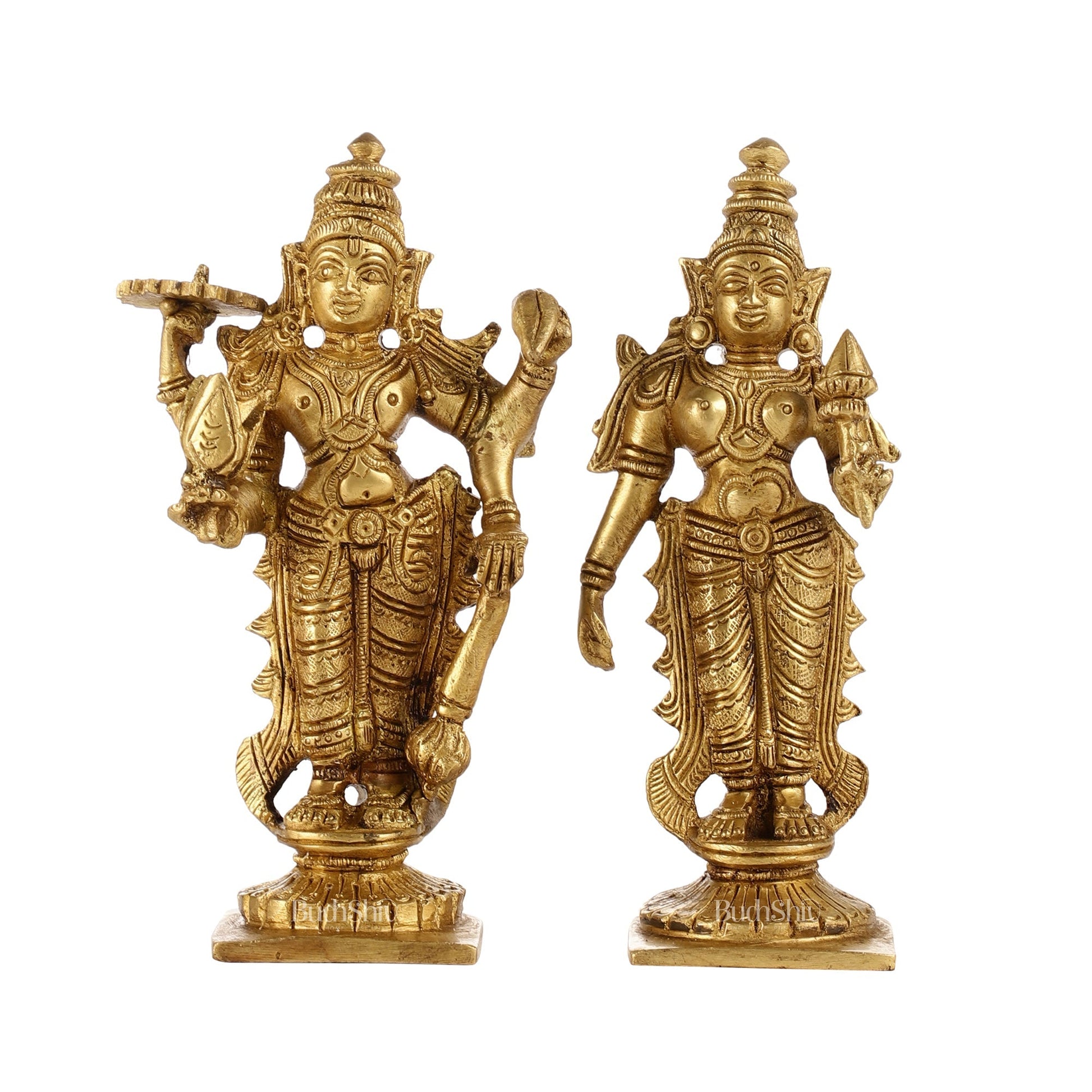 6-Inch Brass Standing Vishnu and Lakshmi Idols - Superfine Pair
