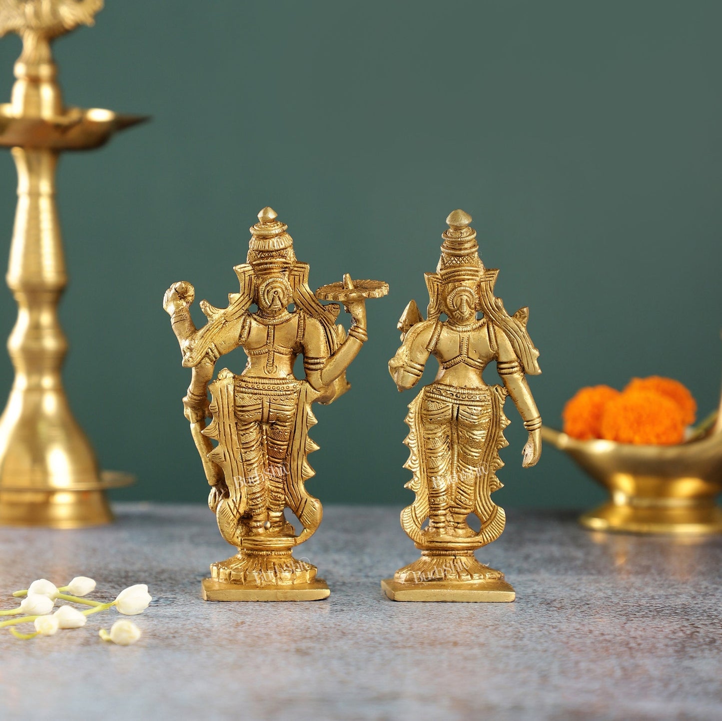 6-Inch Brass Standing Vishnu and Lakshmi Idols - Superfine Pair