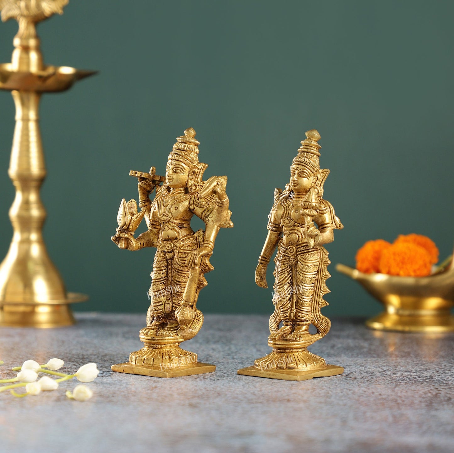 6-Inch Brass Standing Vishnu and Lakshmi Idols - Superfine Pair