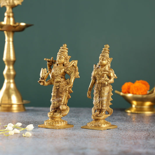6-Inch Brass Standing Vishnu and Lakshmi Idols - Superfine Pair
